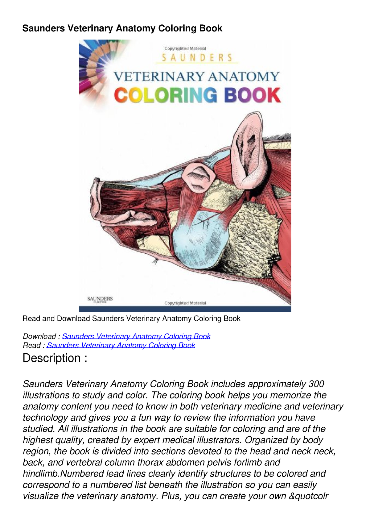 Read Book Saunders Veterinary Anatomy Coloring Book Saunders