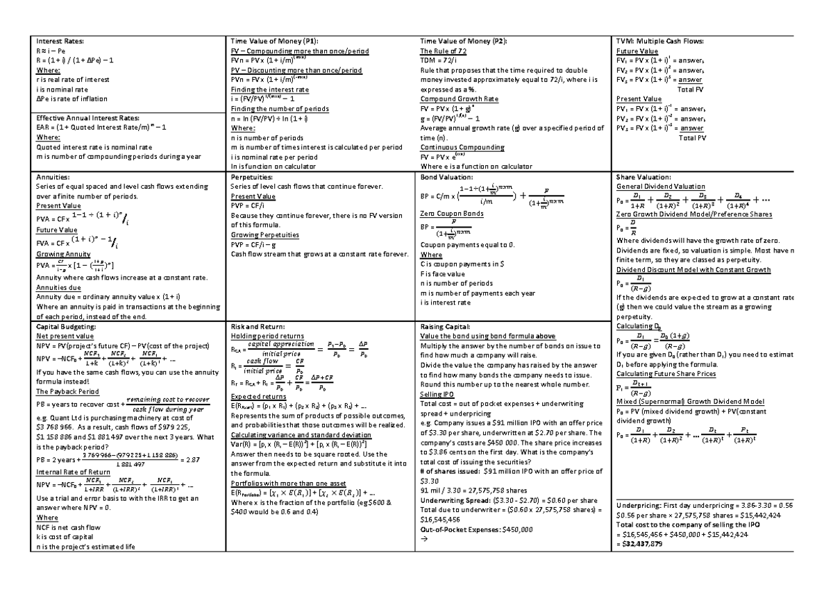 ACST-Reference-Sheet-Exam-1-1 - Interest Rates: R ≈ i – Pe R = (1 + i ...