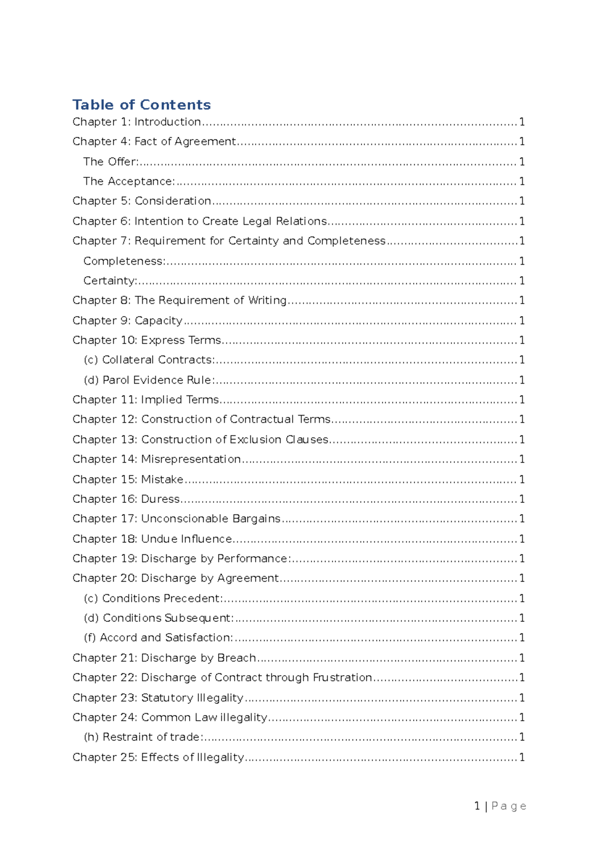 Contracts Notes - Table of Contents Chapter 1: - Studocu