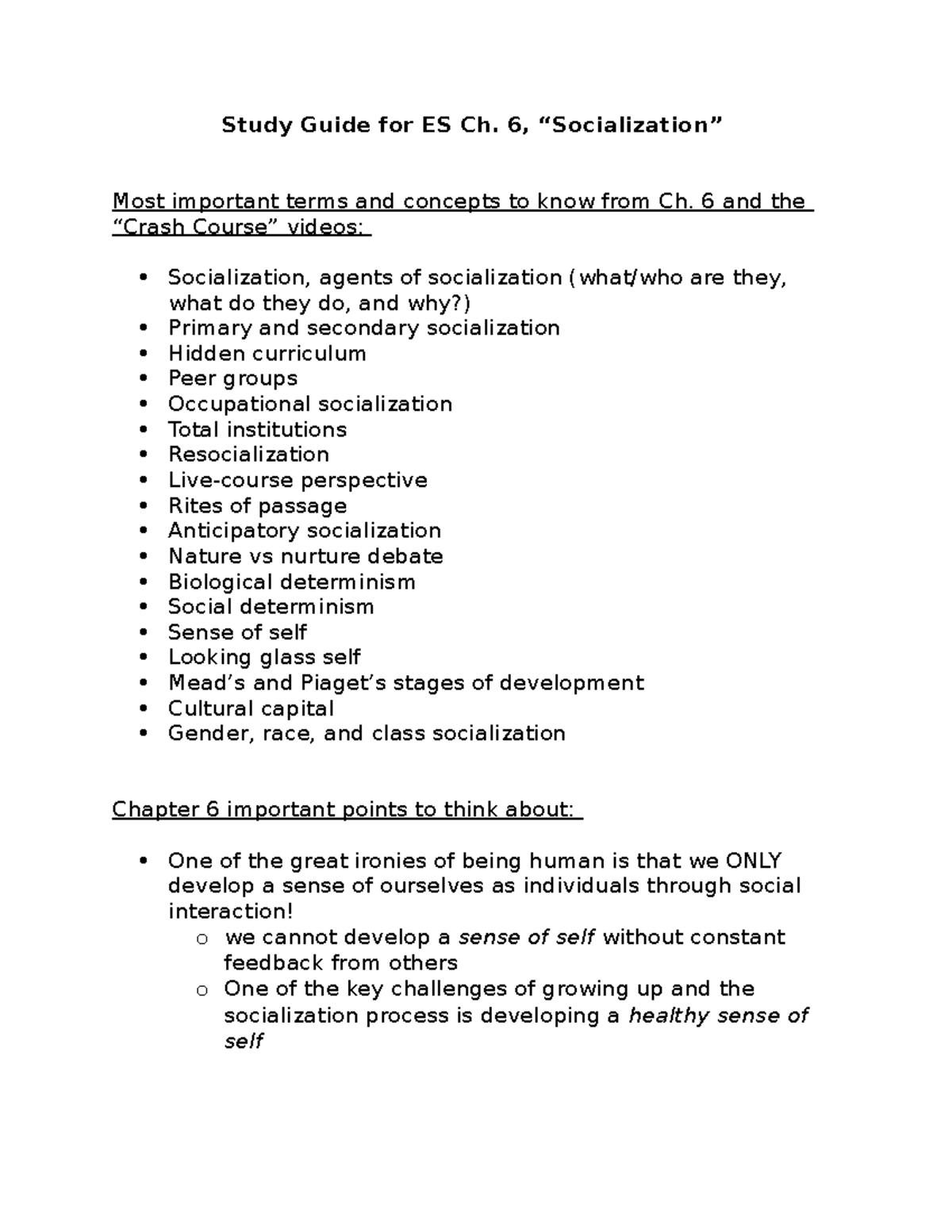 Ch. 6 Socialization Notes Study Guide for ES Ch. 6