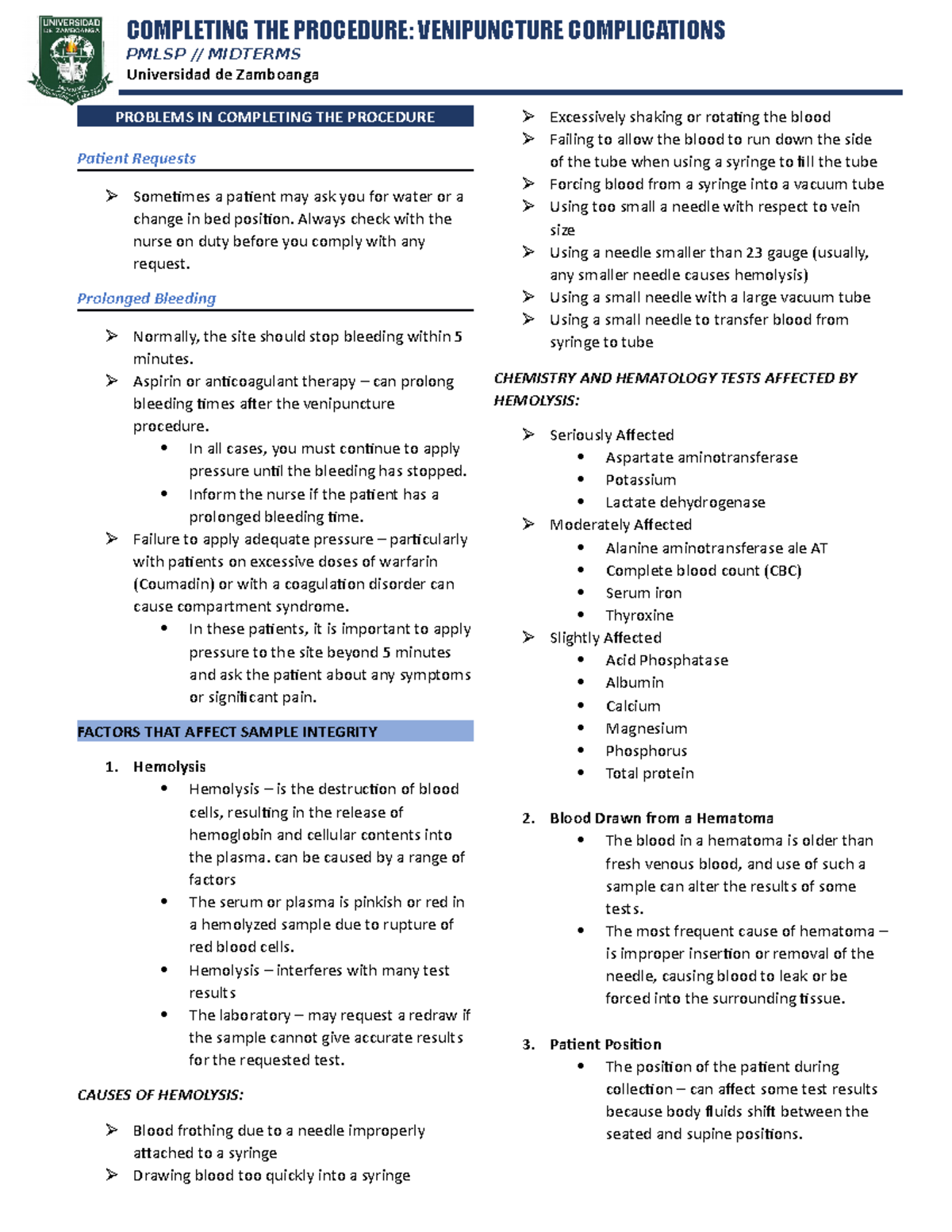 Procedure Completion-Venipuncture Complications - COMPLETING THE ...