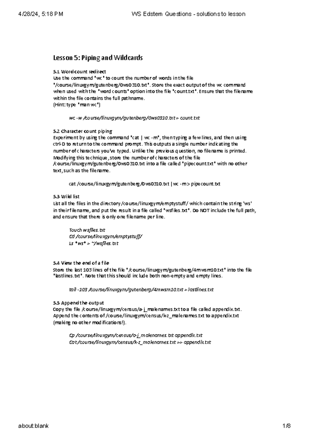 WS Edstem Questions - solutions to lesson - Lesson 5: Piping and ...