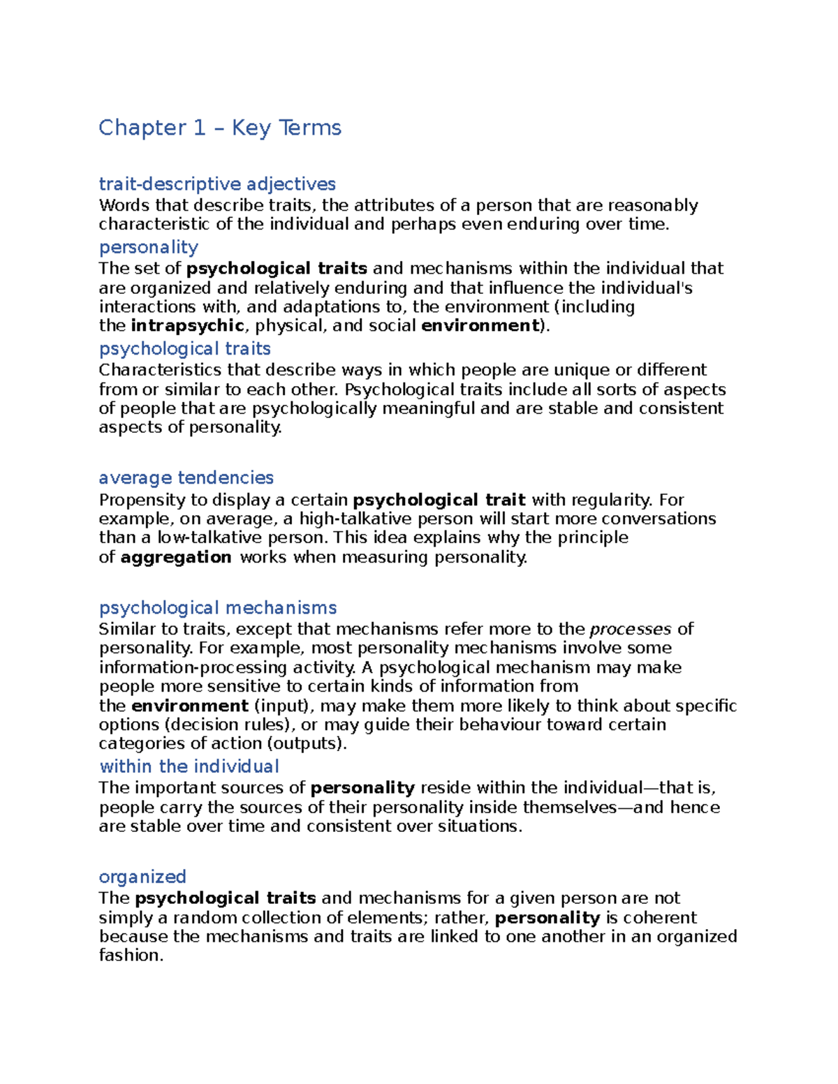 KEY Terms - All Chapters - Chapter 1 – Key Terms trait-descriptive ...