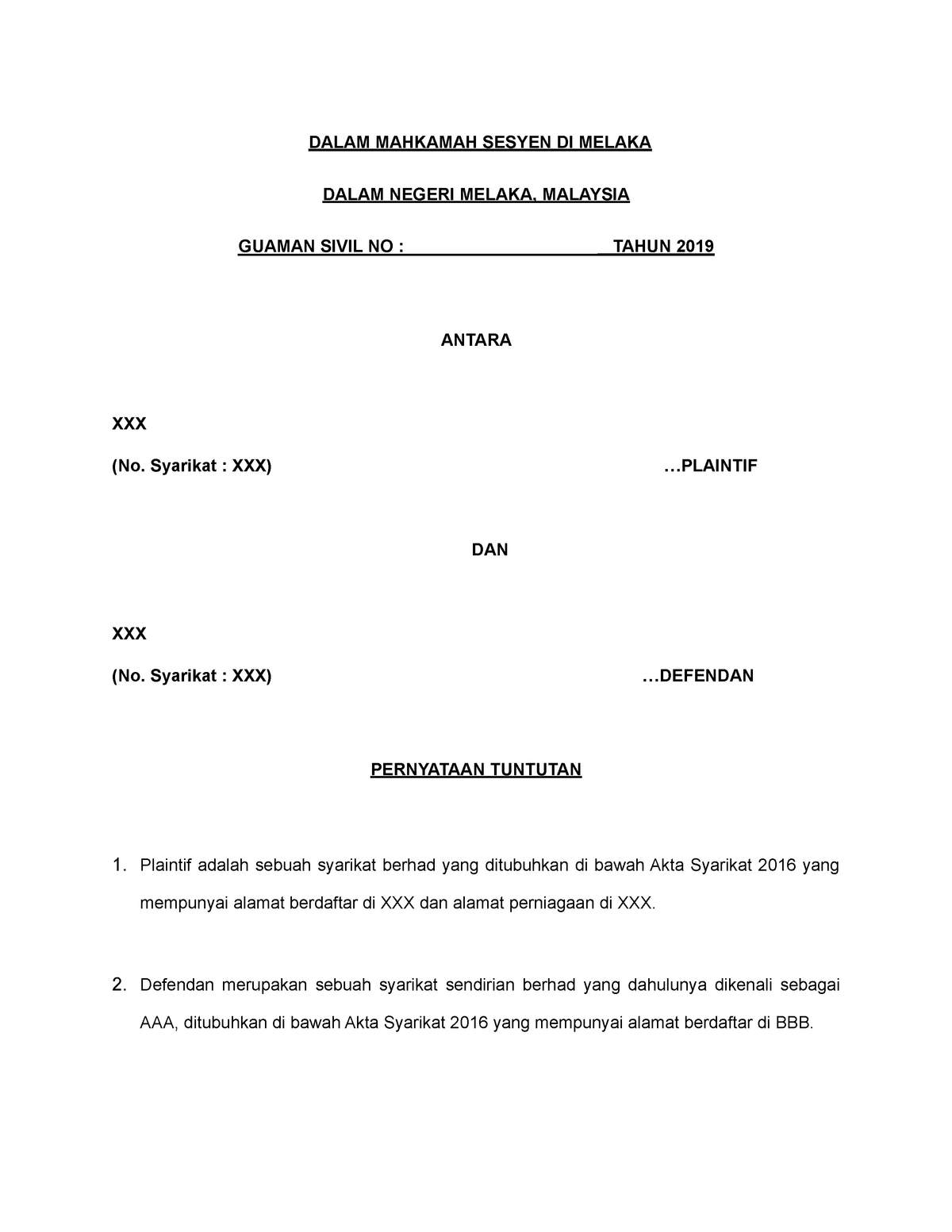 C5 Statement of Claim - DALAM MAHKAMAH SESYEN DI MELAKA DALAM 