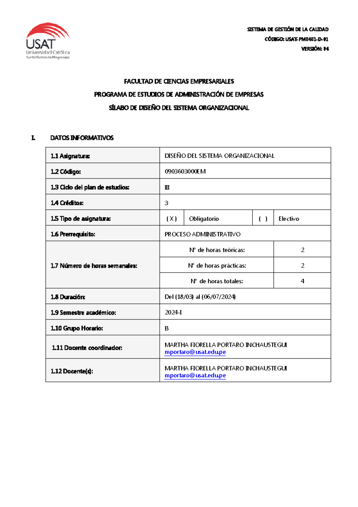 Silabo 2024-I Diseño DEL Sistema Organizacional B - SISTEMA DE GESTIÓN ...