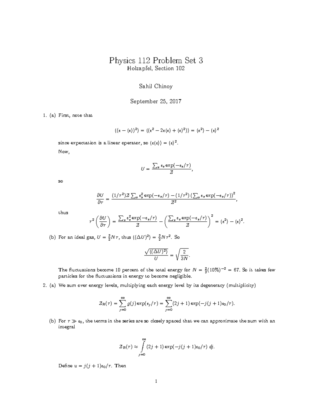 Hw3 - Hw3-sets Problem - Physics 112 Problem Set 3 Holzapfel, Section ...