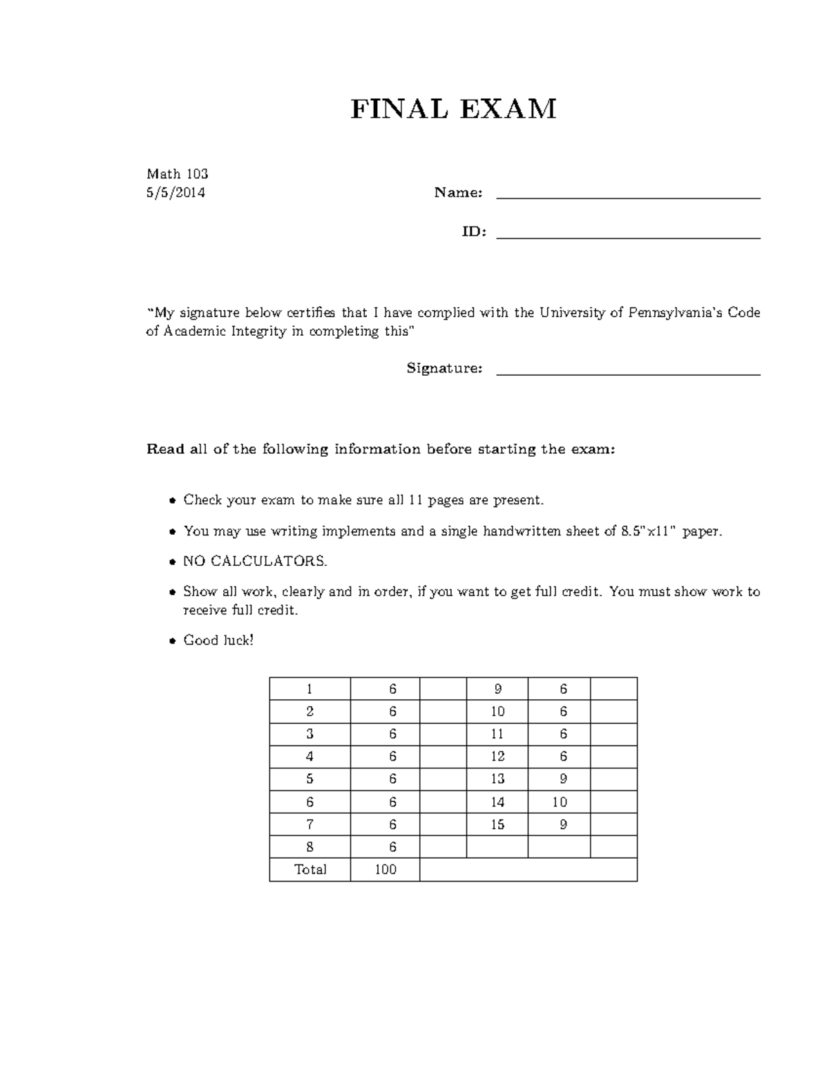 103sp14finalwans - Finals Practice Questions - FINAL EXAM Math 103 5/5 ...