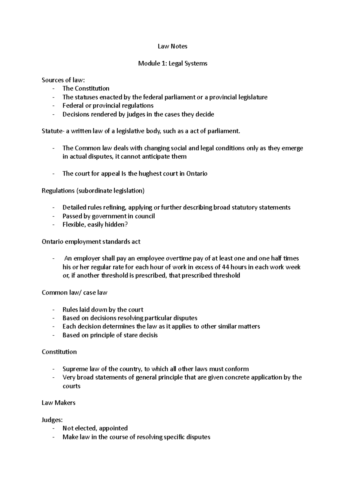 Law Notes 1 - Law Notes Module 1: Legal Systems Sources Of Law: The ...