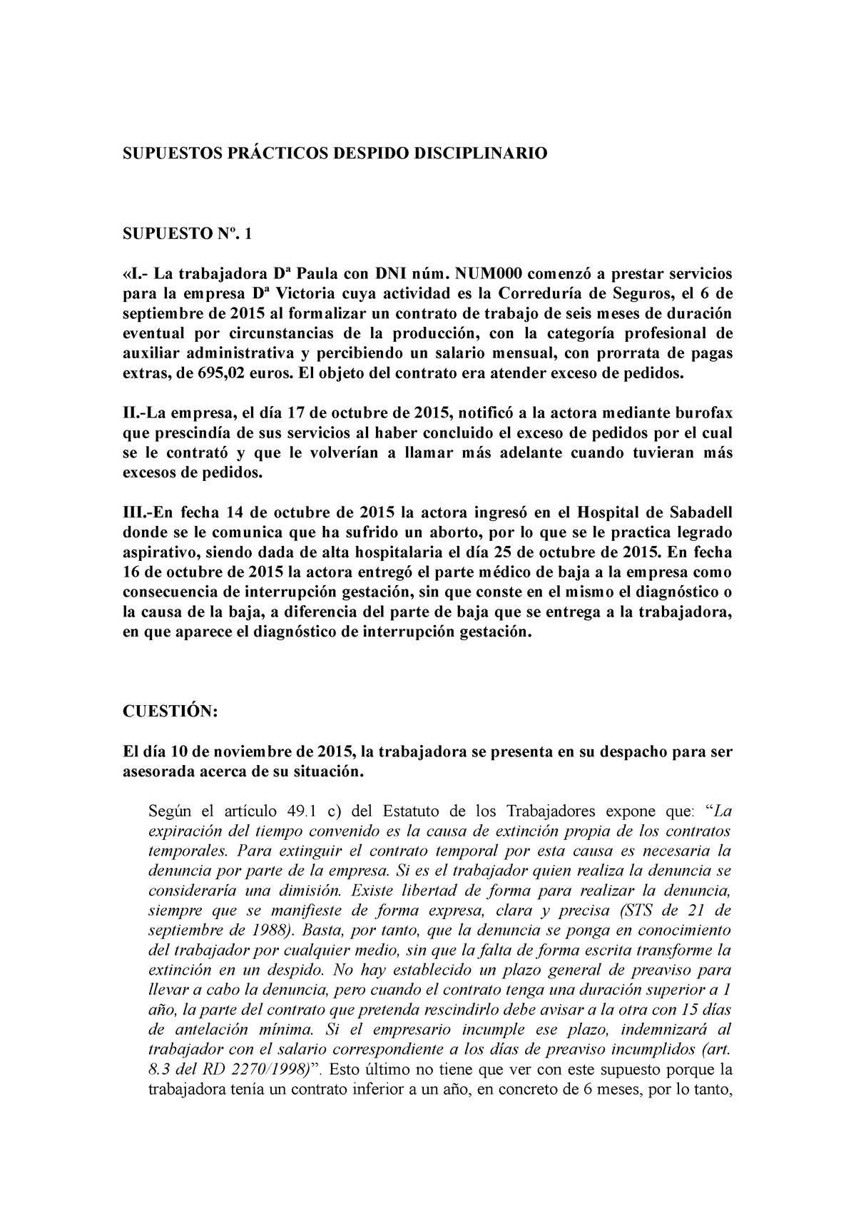 Casos Prácticos De Derecho Laboral Ii Supuestos PrÁcticos Despido Disciplinario Supuesto Nº 1 8064