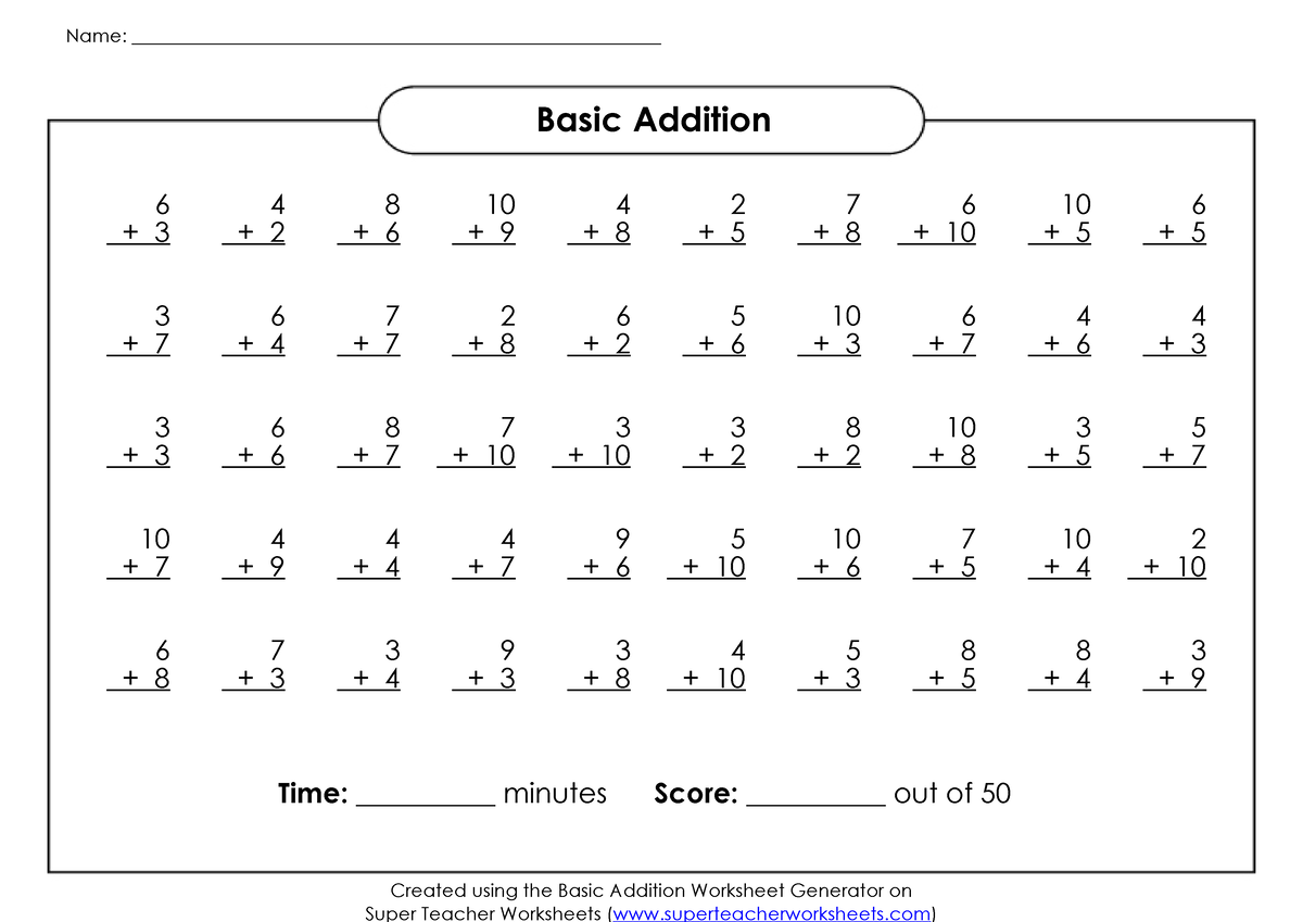 Super Teacher Worksheets Basic Addition - Name: - Studocu