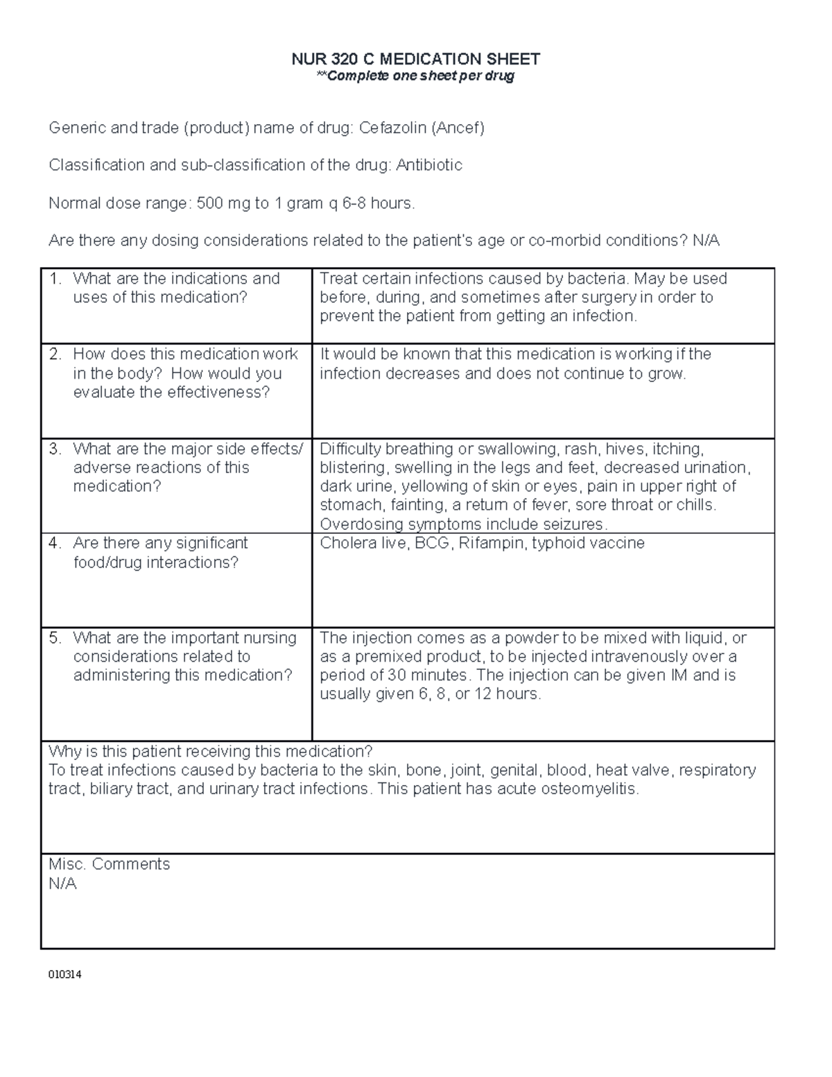 Ancef Med Sheet - NUR 320 C MEDICATION SHEET **Complete one sheet per ...