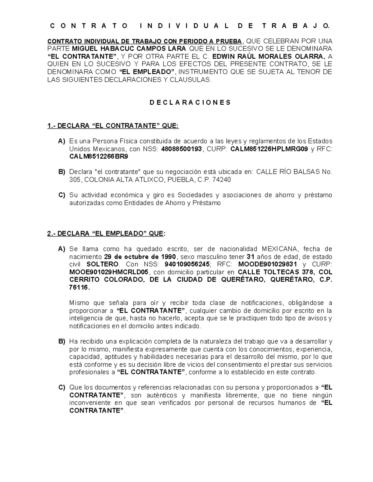 287 Machote Contrato Individual de Trabajo Erasmo Jaimes - C O N T R A ...