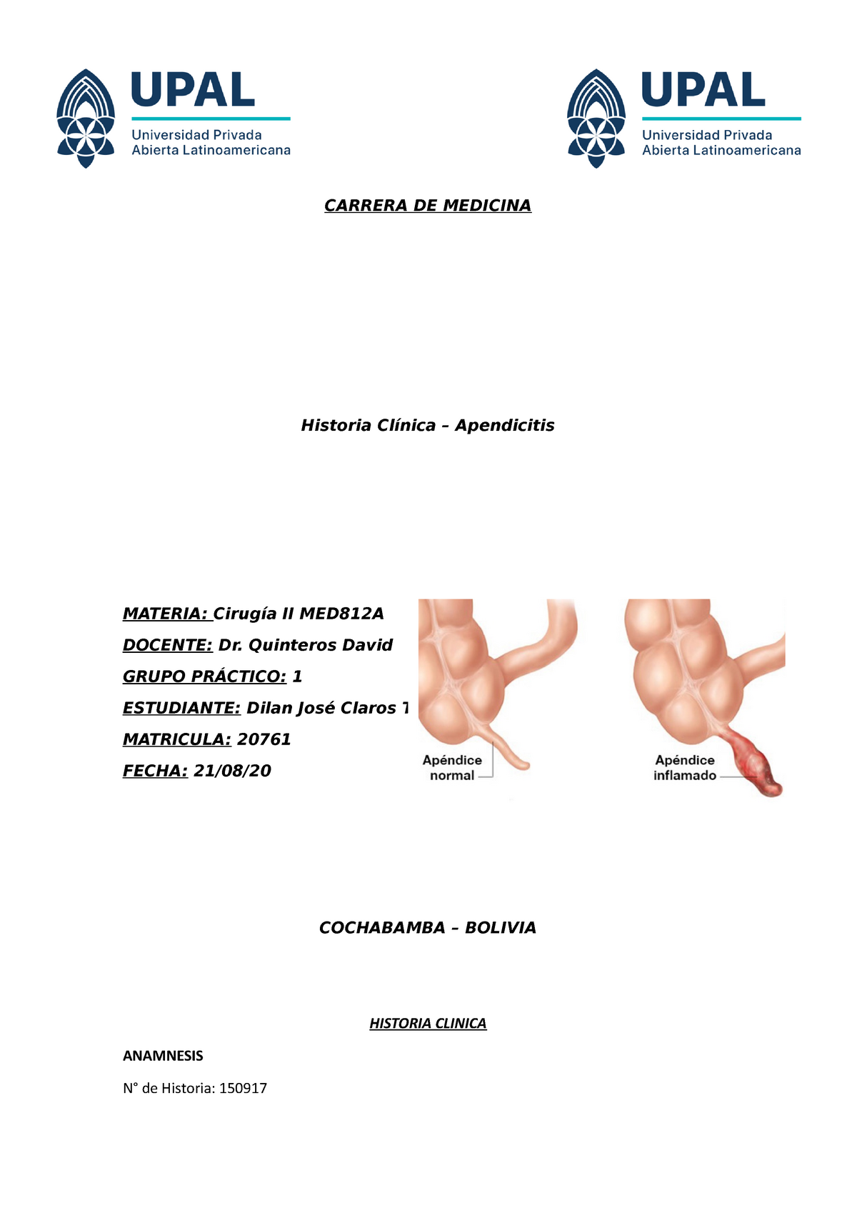 Caso clinico Apendicitis CARRERA DE MEDICINA Historia Clínica Apendicitis MATERIA