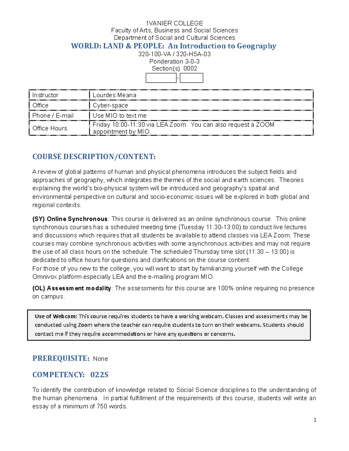 Course outline - 1VANIER COLLEGE Faculty of Arts, Business and Social ...