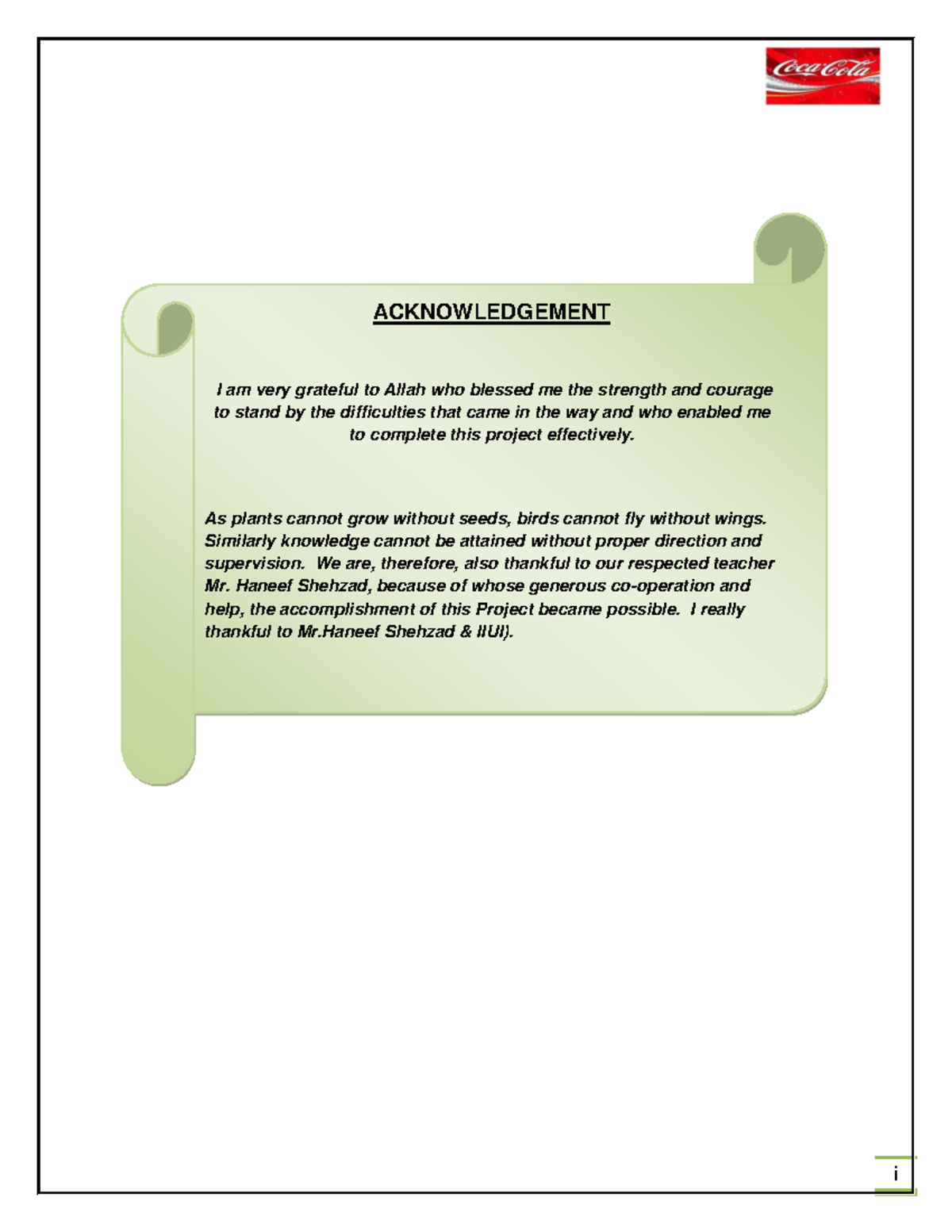 Marketing Management Project on Coca col - i ACKNOWLEDGEMENT I am very ...
