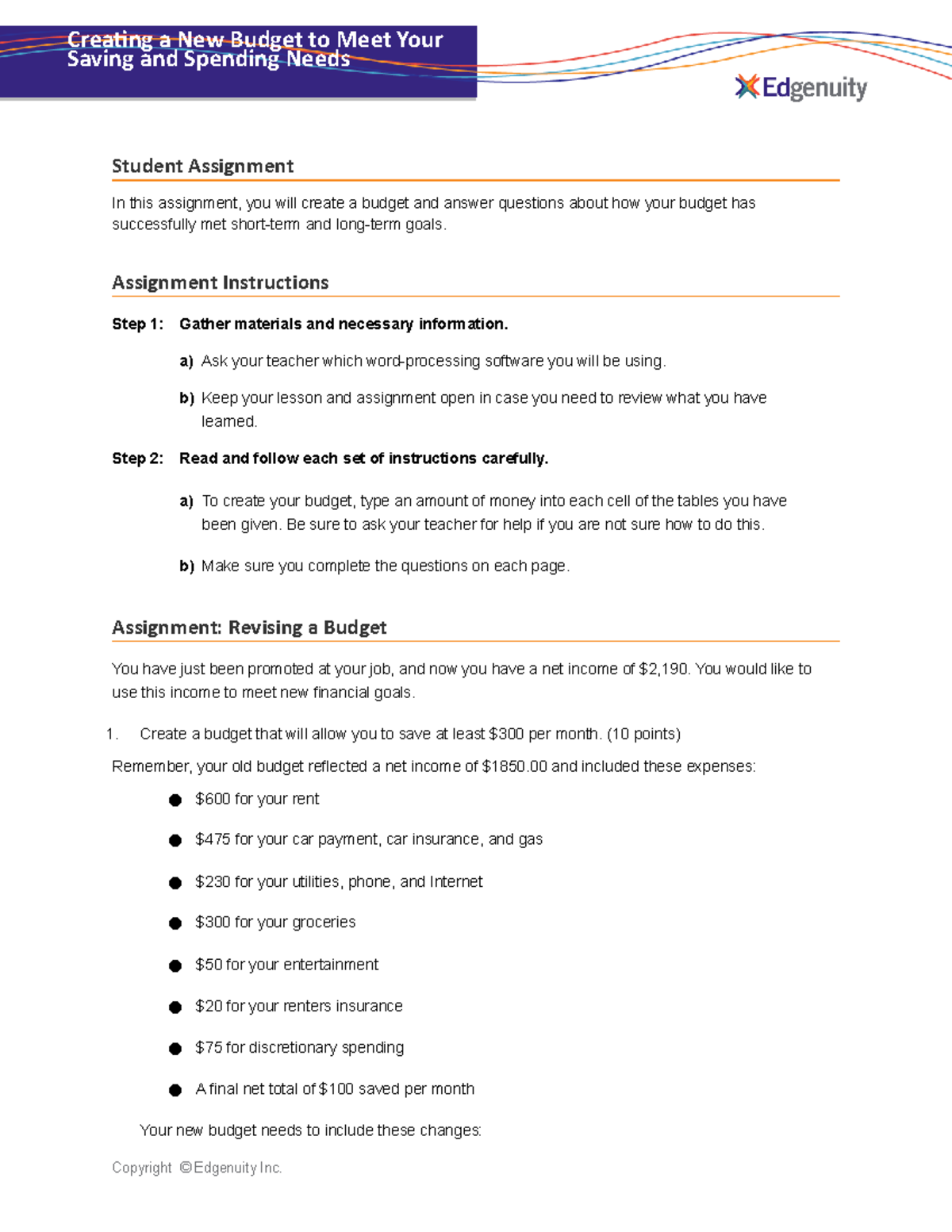 creating a new budget student assignment brainly