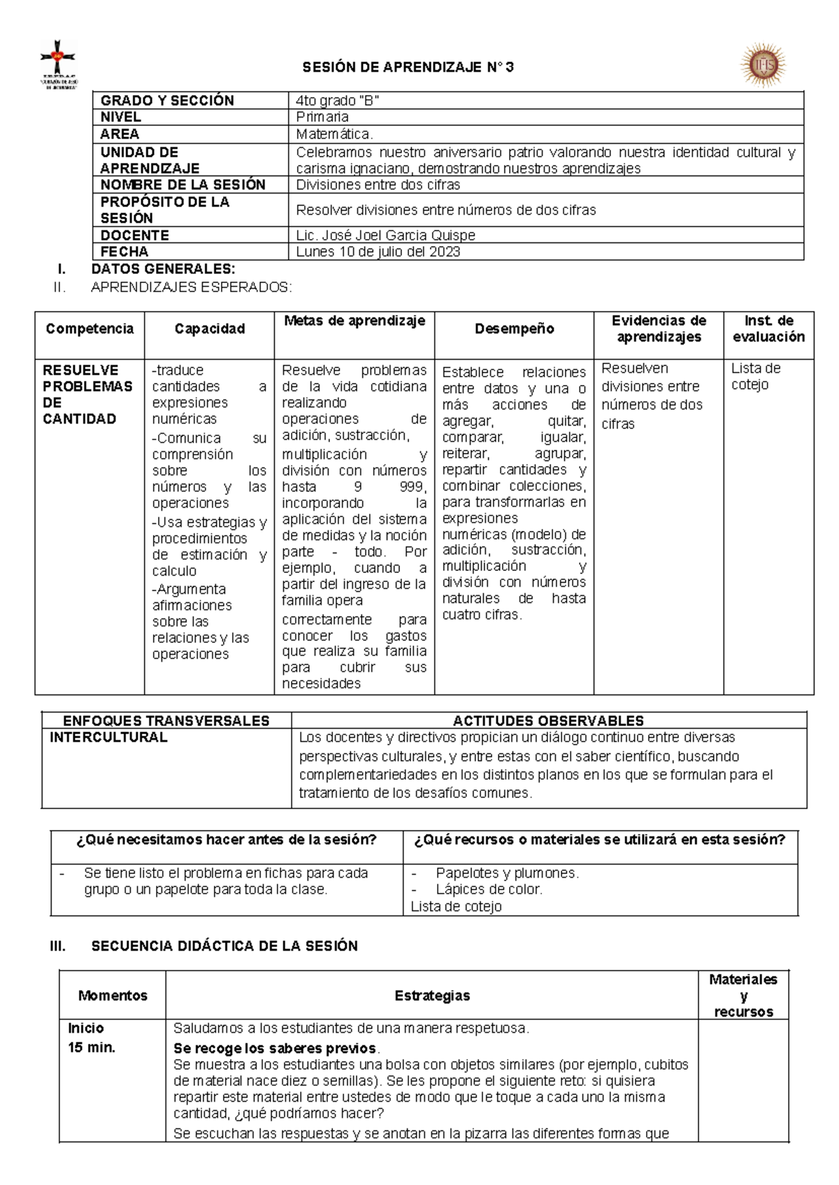 Sesión DE Aprendizaje Semana 2 - SESIÓN DE APRENDIZAJE N° 3 GRADO Y ...