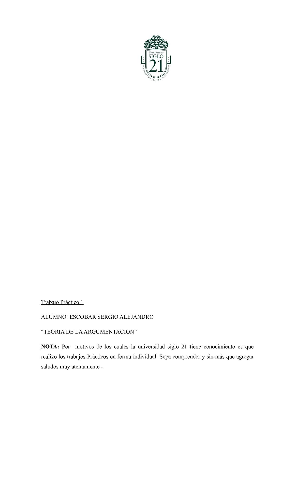 Tp T De Argumentacion Trabajo Pr Ctico Alumno Escobar Sergio Alejandro Teoria De La