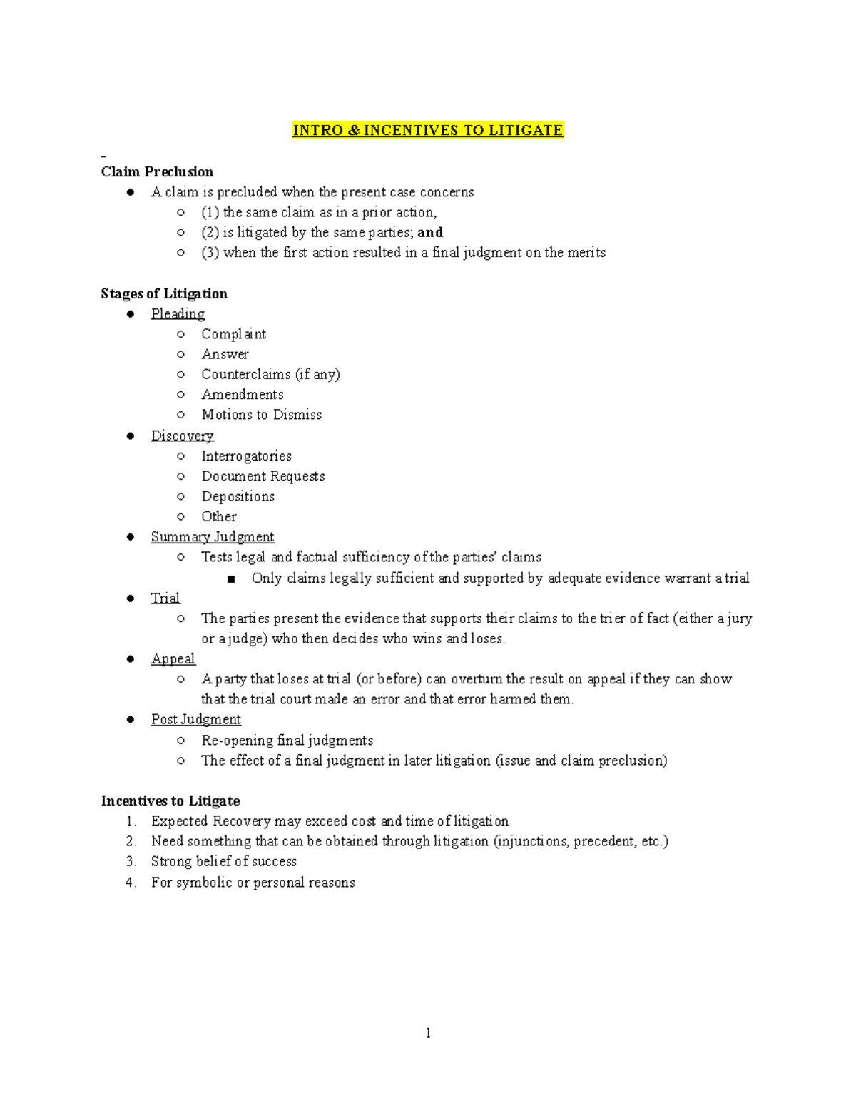 Civ Pro II Outline - INTRO & INCENTIVES TO LITIGATE Claim Preclusion A ...