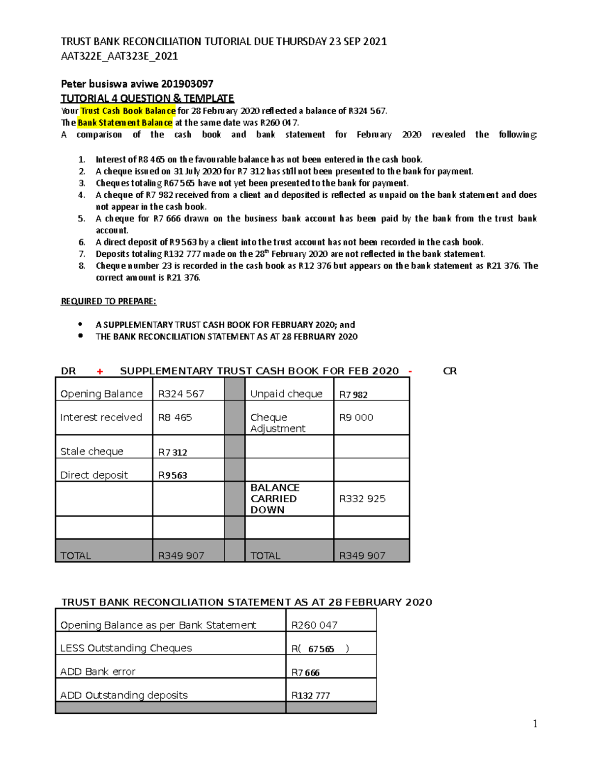 Tutorial peter busiswa aviwe 2019 03097 - TRUST BANK RECONCILIATION ...