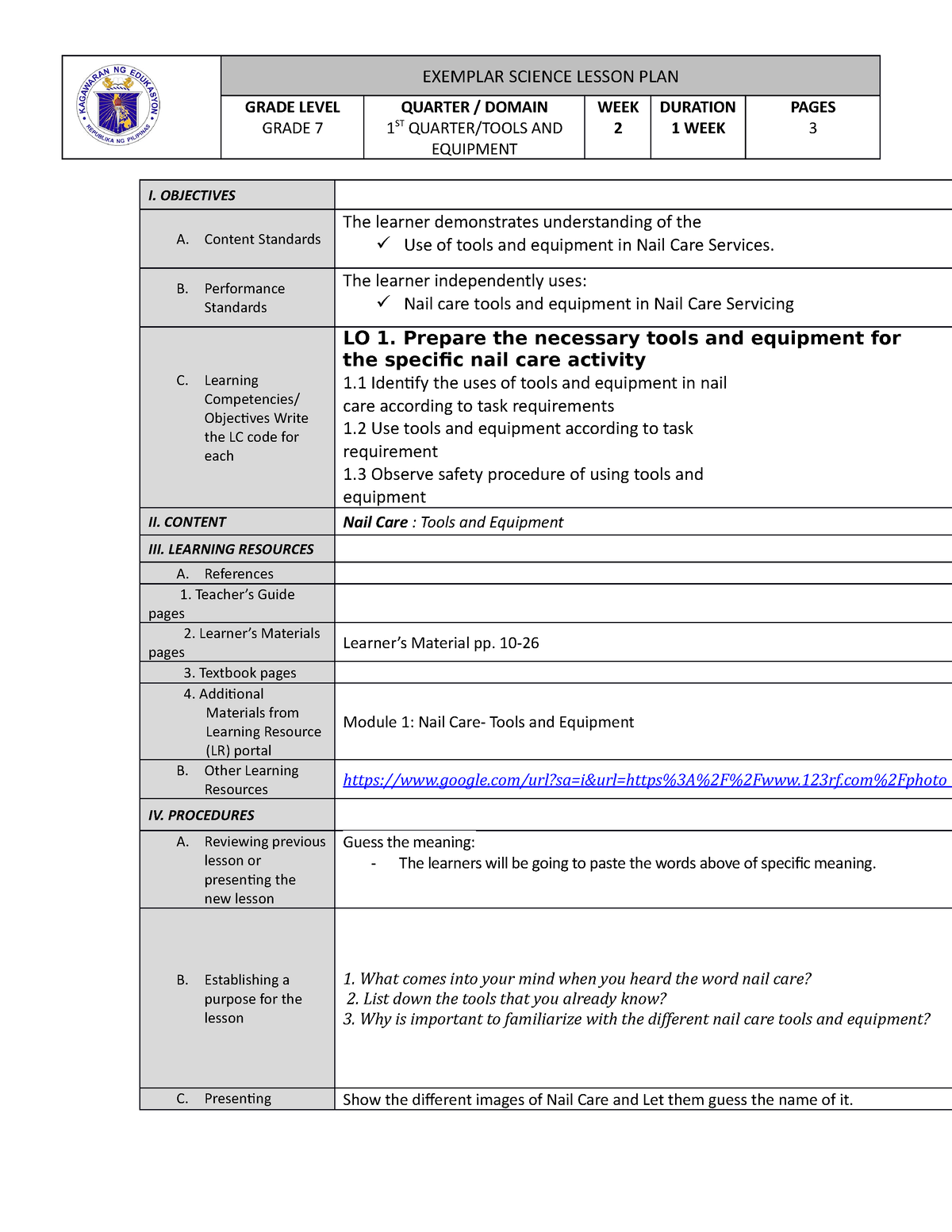 DLL TLE 7 - TLE 7 NAIL CARE - EXEMPLAR SCIENCE LESSON PLAN GRADE LEVEL ...