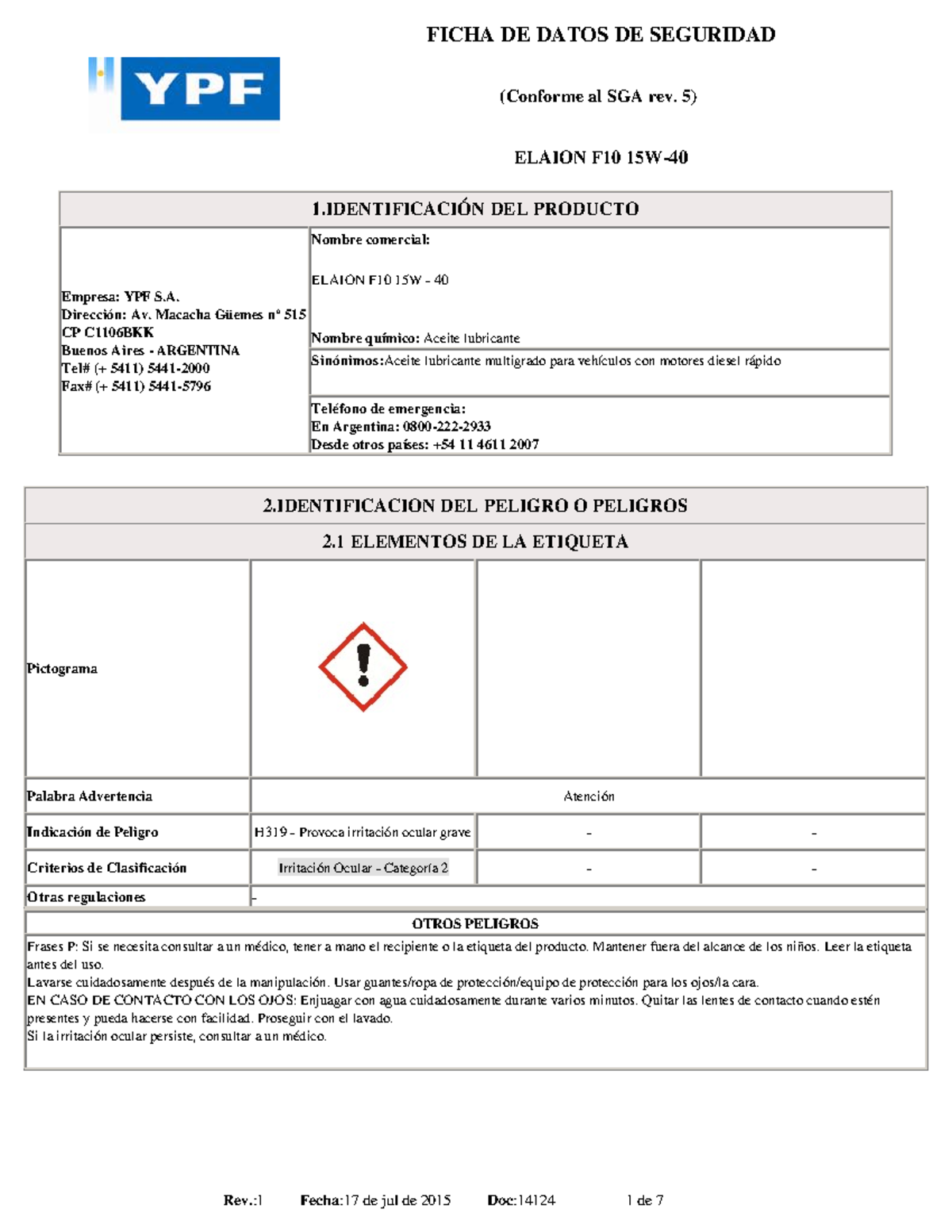 MSDS 1 Aceite mineral multigrade Engine Oil FICHA DE DATOS DE