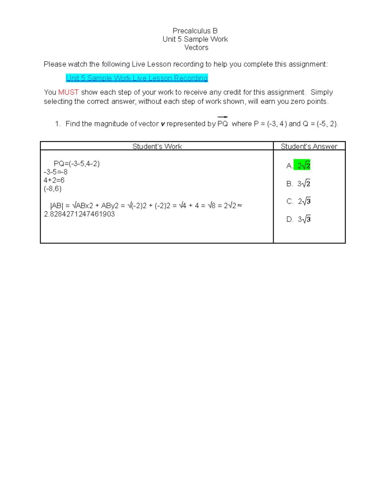 Copy Of Precalculus B - U5 Vectors Sample Work - Precalculus B Unit 5 ...