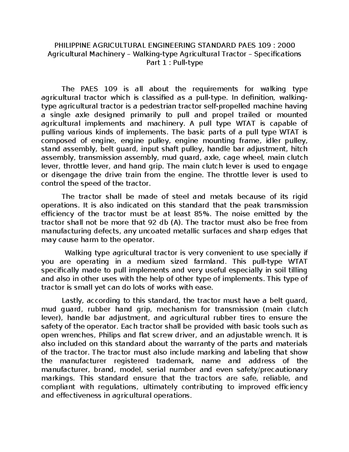 PAES 109 Summary PHILIPPINE AGRICULTURAL ENGINEERING STANDARD PAES