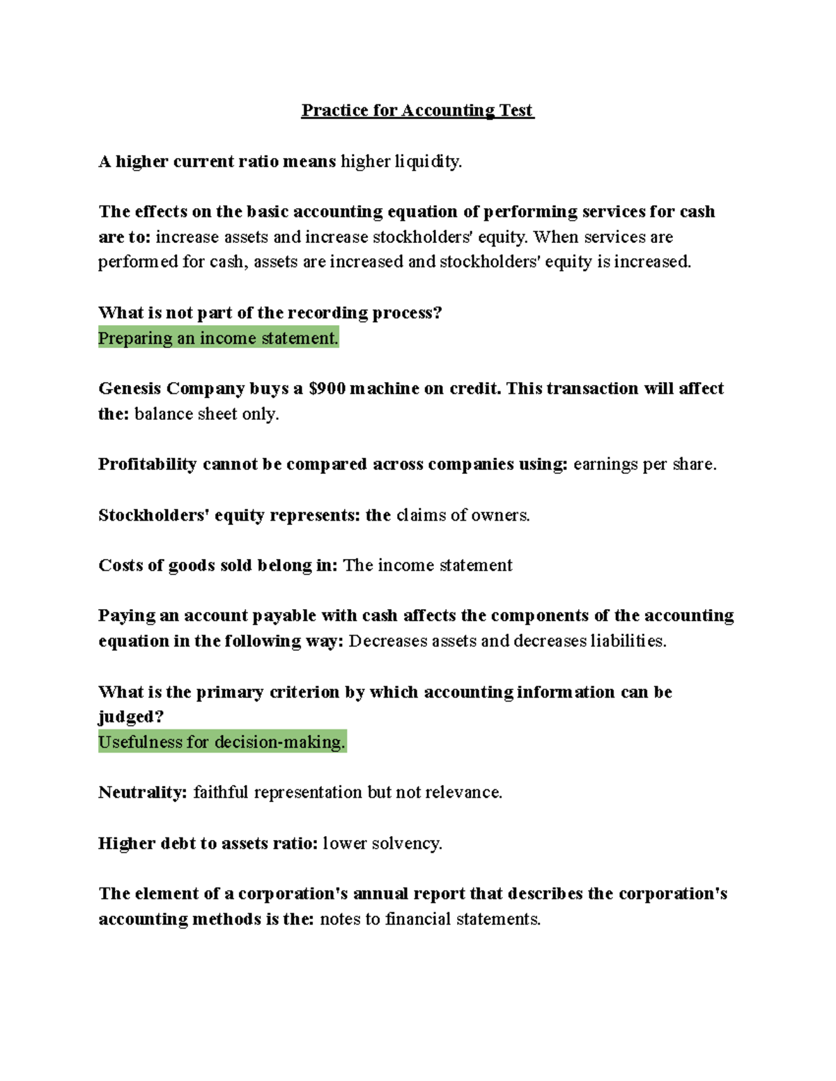 Practice for Accounting Test - The effects on the basic accounting ...