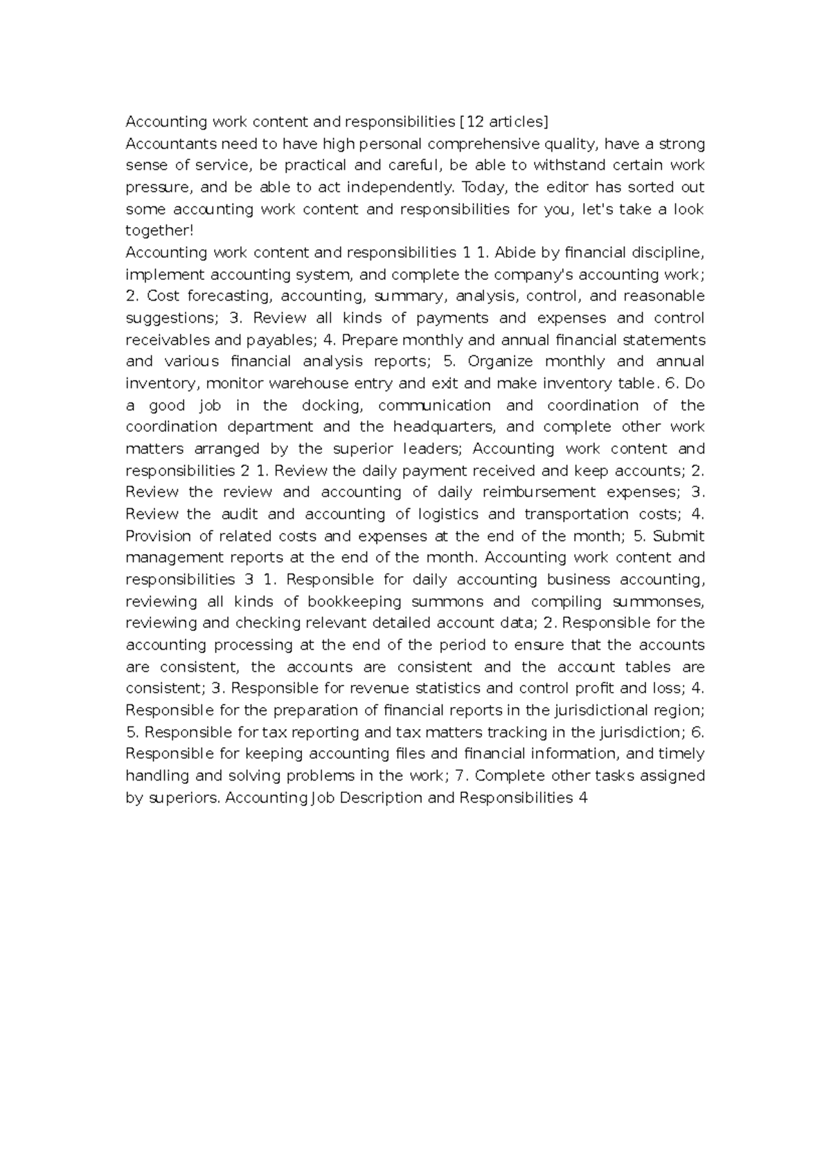 Accounting work content and responsibilities [12 articles] - Today, the ...