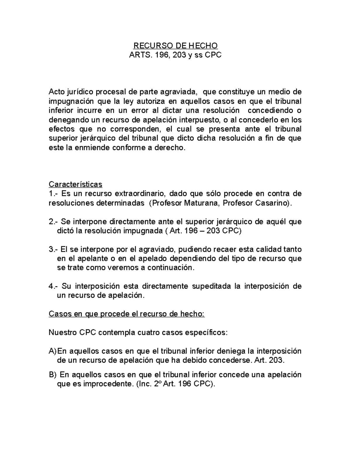Apunte 2 recursos procesales RECURSO DE HECHO ARTS. 196, 203 y ss CPC