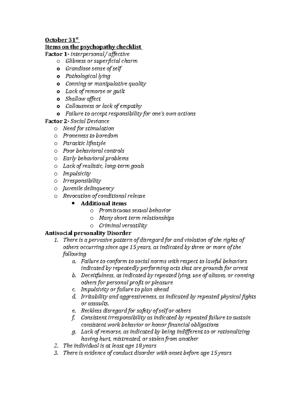 Notes - Items on the psychopathy checklist and critical thinking. Dr ...