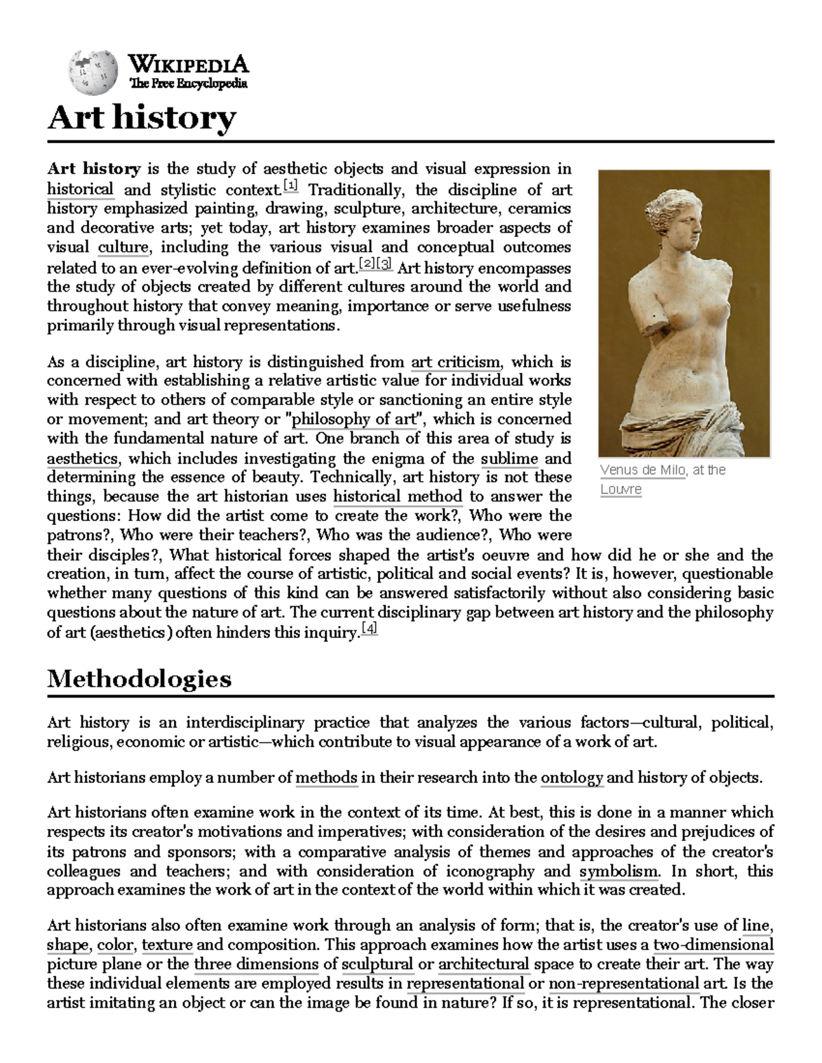 Art history Wikipedia Venus de Milo, at the Louvre Art history Art