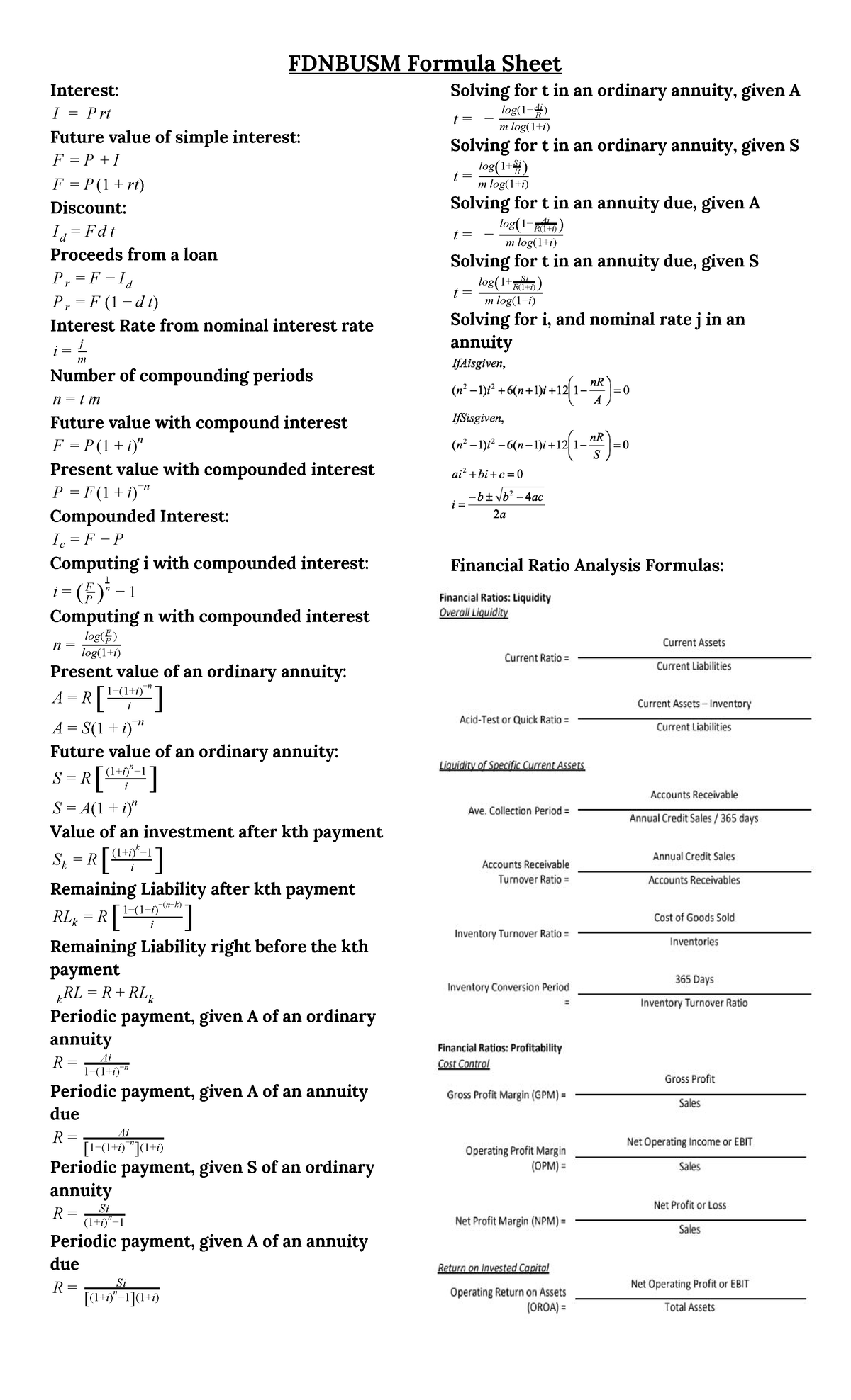 Fdnbusm-Formula Sheetfor Finals - FDNBUSM Formula Sheet Interest: I ...