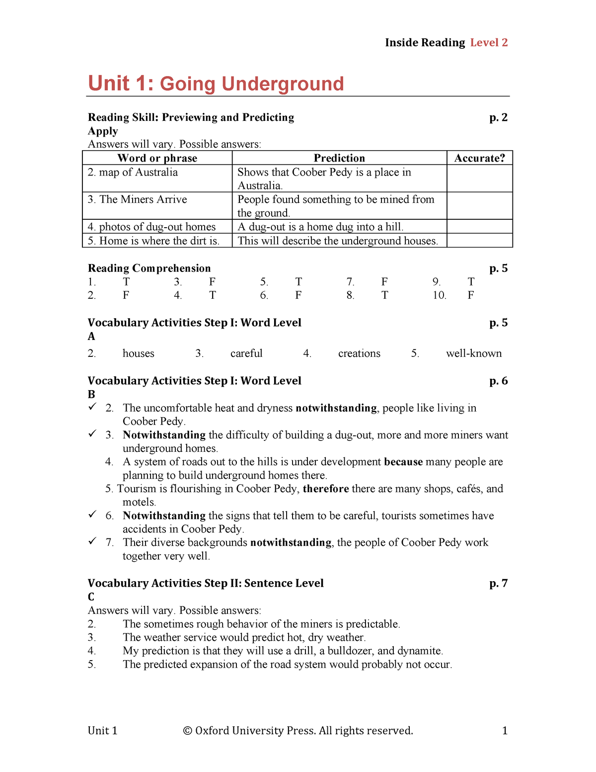 Inside Reading 2 Answer Key Unit 1 Going Underground Reading Skill 