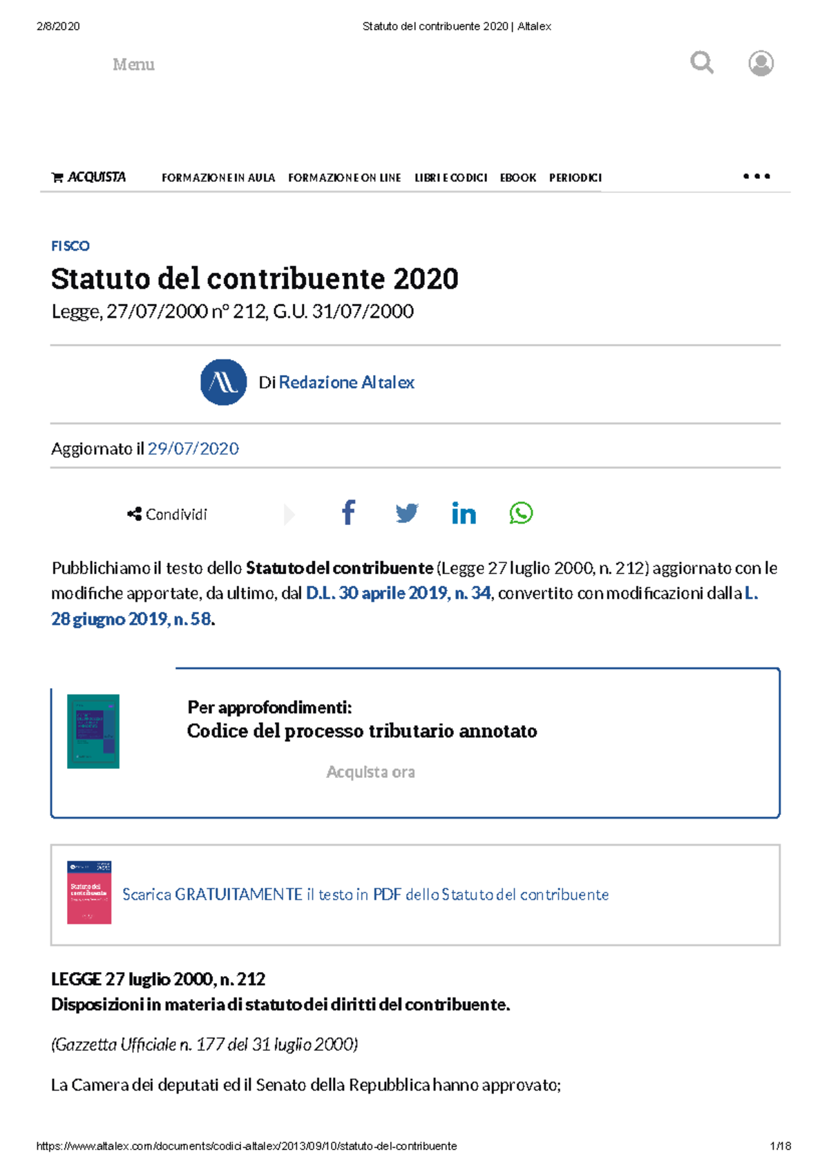 Statuto Del Contribuente 2020 Altalex - FISCO Statuto Del Contribuente ...