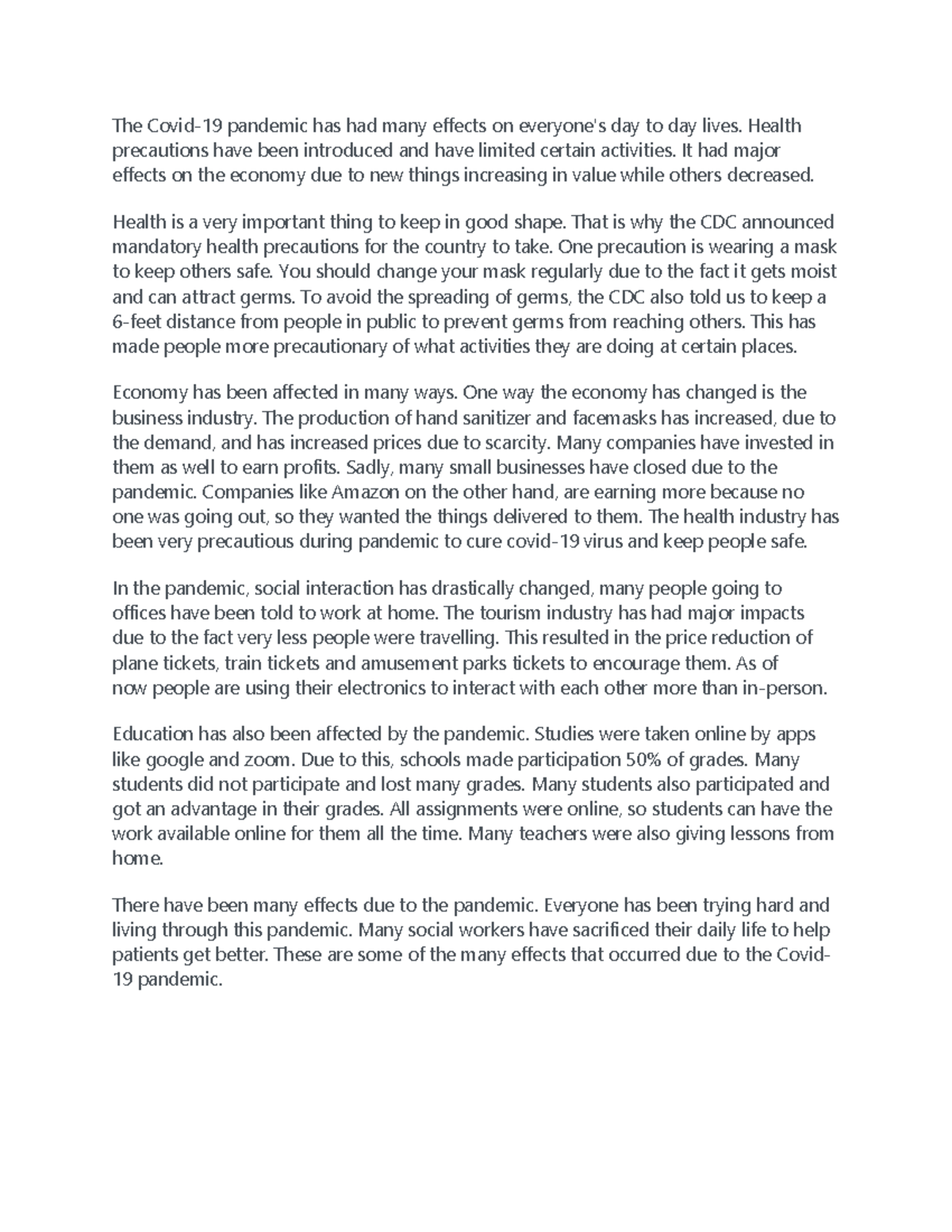 Effects of Covid -19 English Composition Essay - The Covid-19 pandemic ...