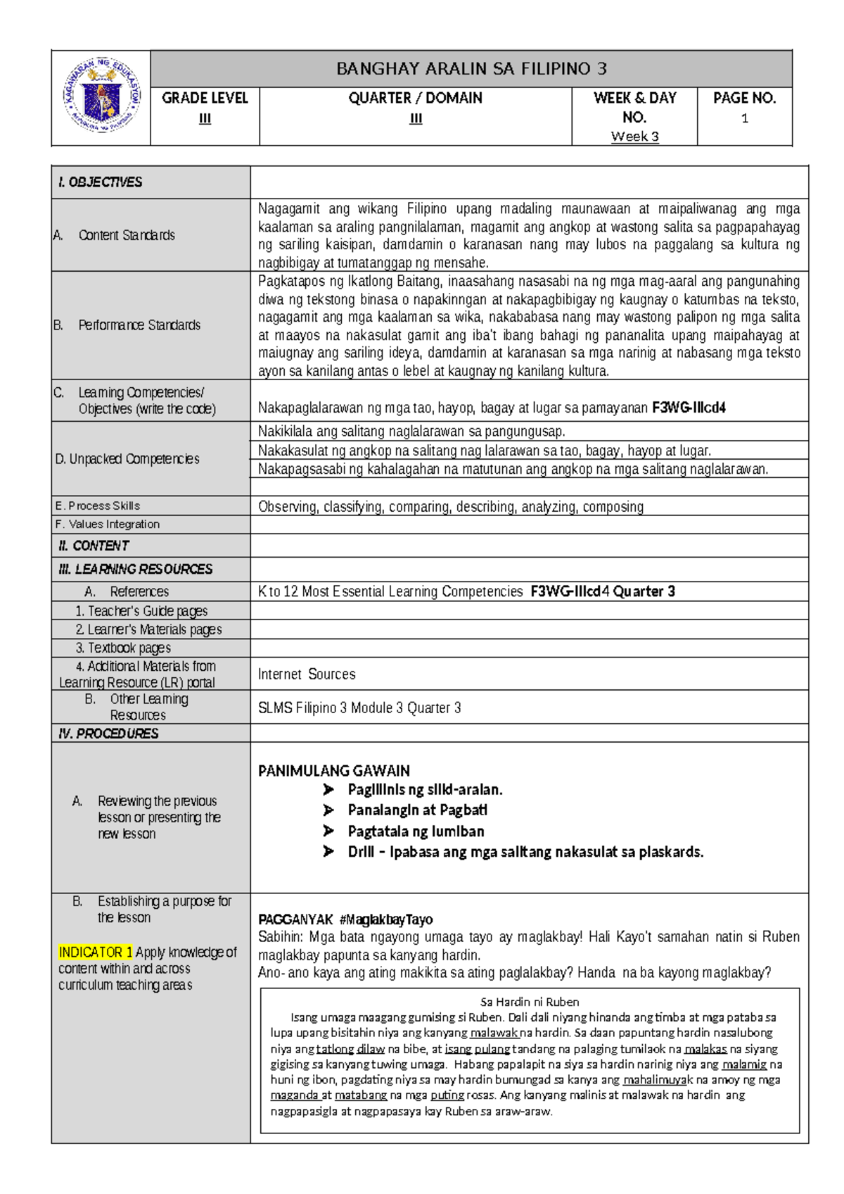 Pandaog DLP Filipino3final GRADE LEVEL III QUARTER / DOMAIN III
