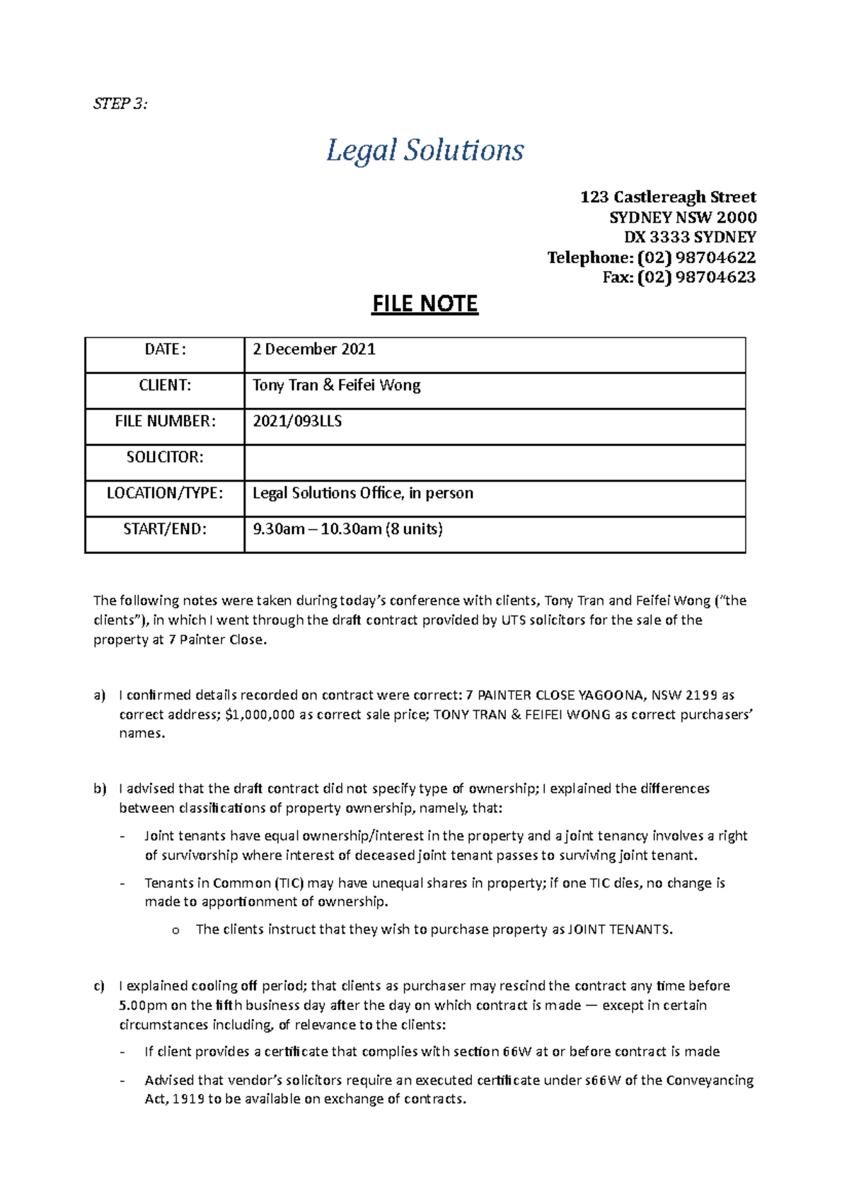 Step 3 File Note step 3 file note assessment STEP 3 Legal Solutions 123 Castlereagh Street