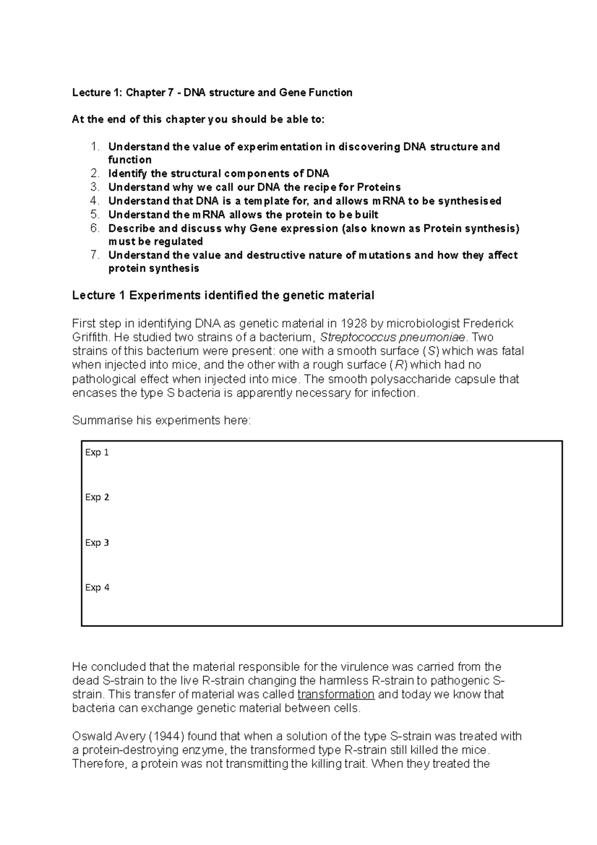 Chapter+7+Notes 2023 - Lecture 1: Chapter 7 - DNA structure and Gene ...
