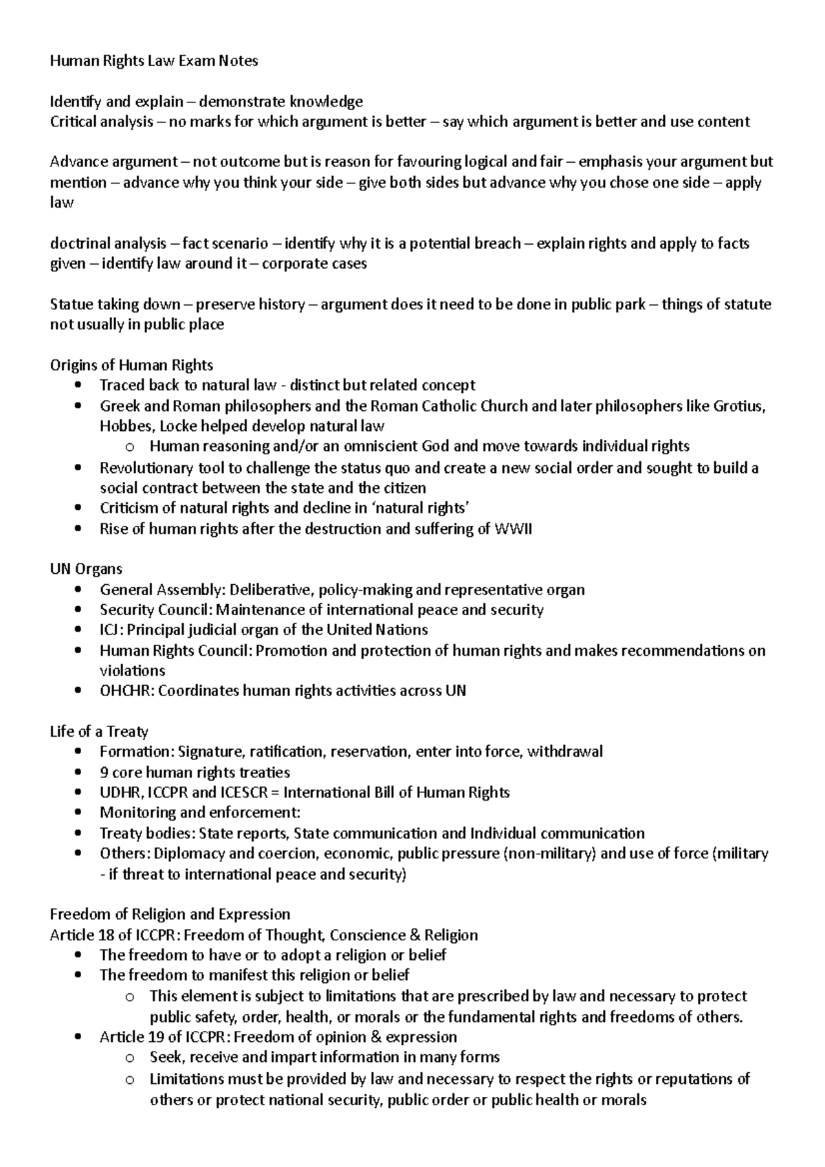 Human Rights Law Exam Notes - Article 19 of ICCPR: Freedom of opinion ...