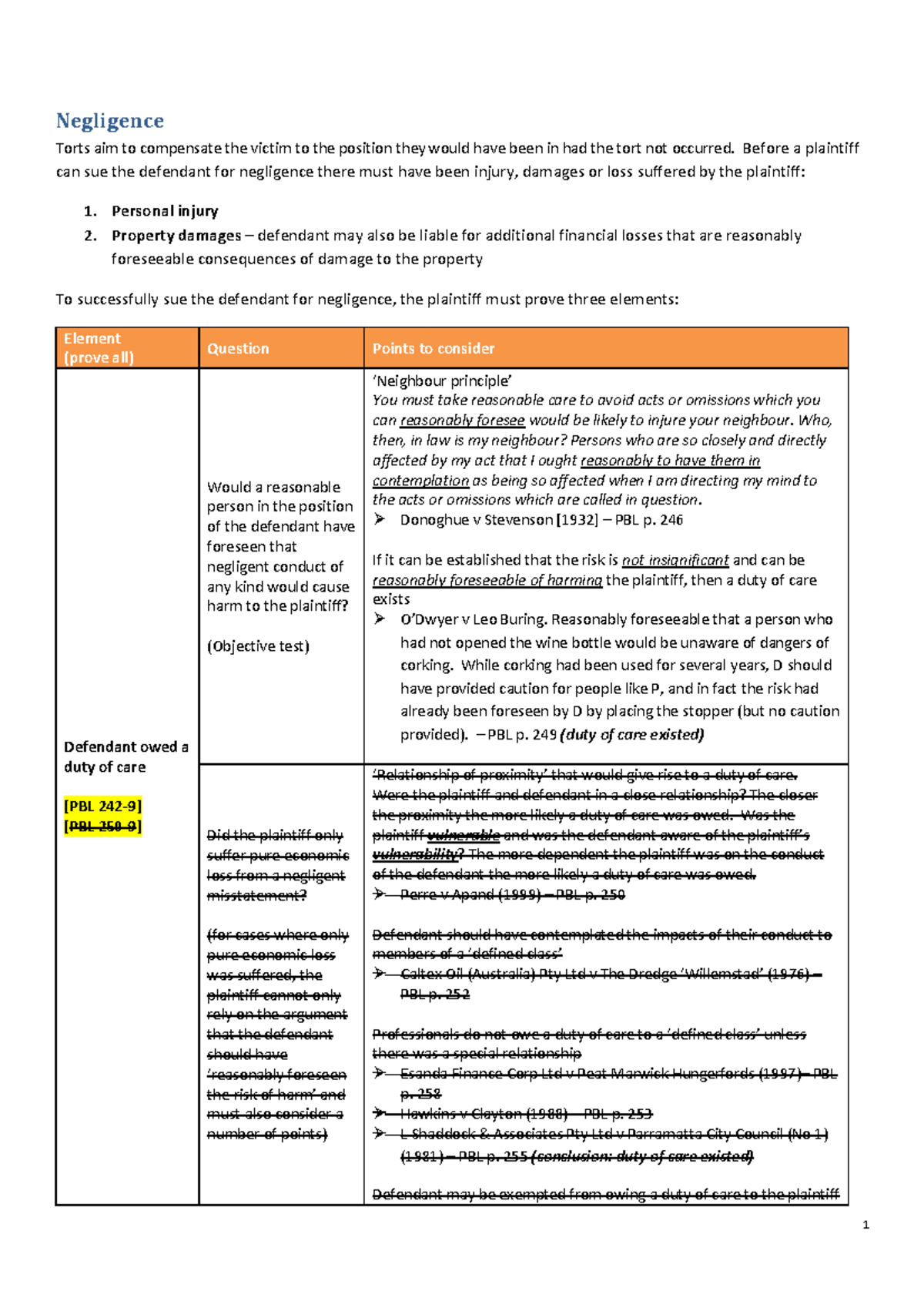 Negligence Summary 2 - Negligence Torts Aim To Compensate The Victim To 