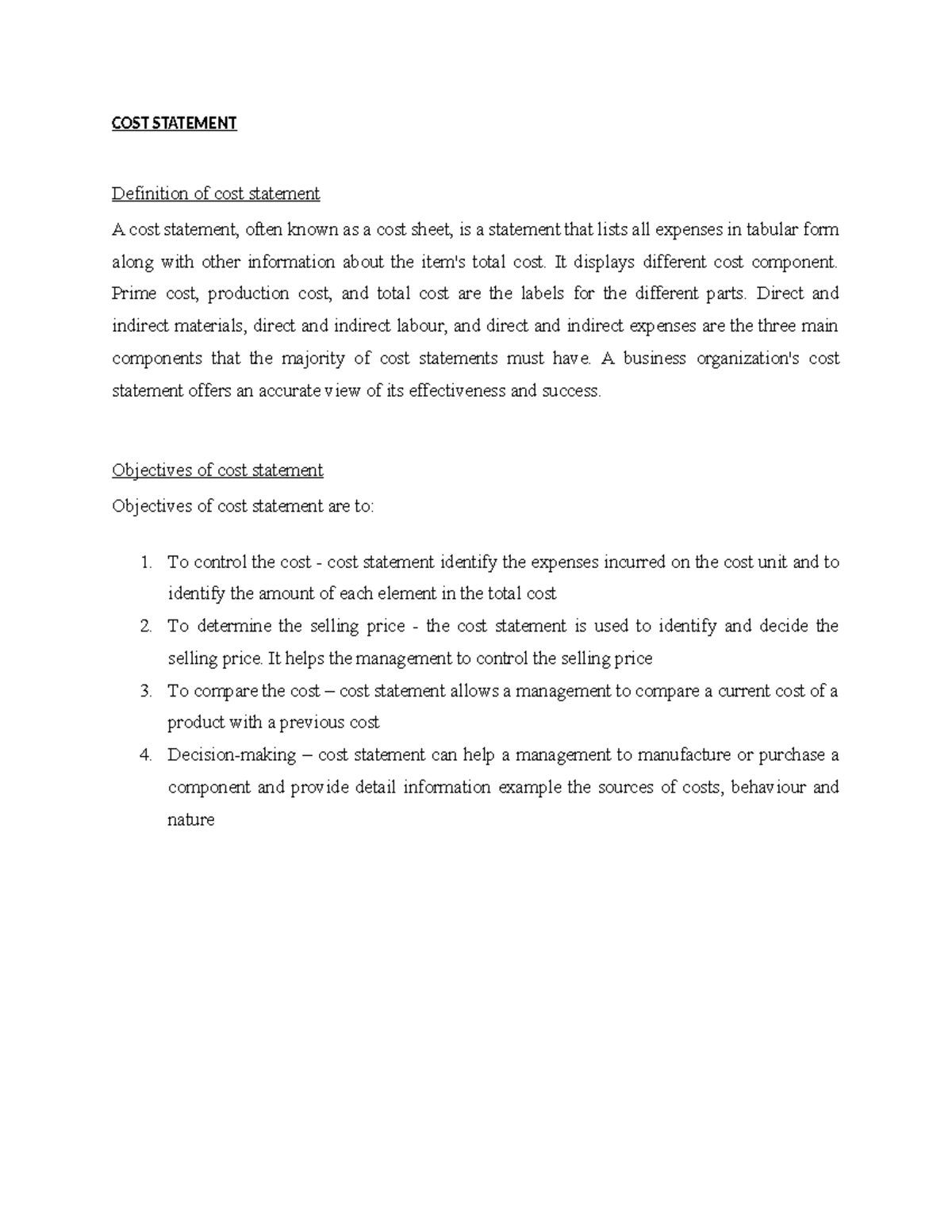 COST Statement - maf - COST STATEMENT Definition of cost statement A ...