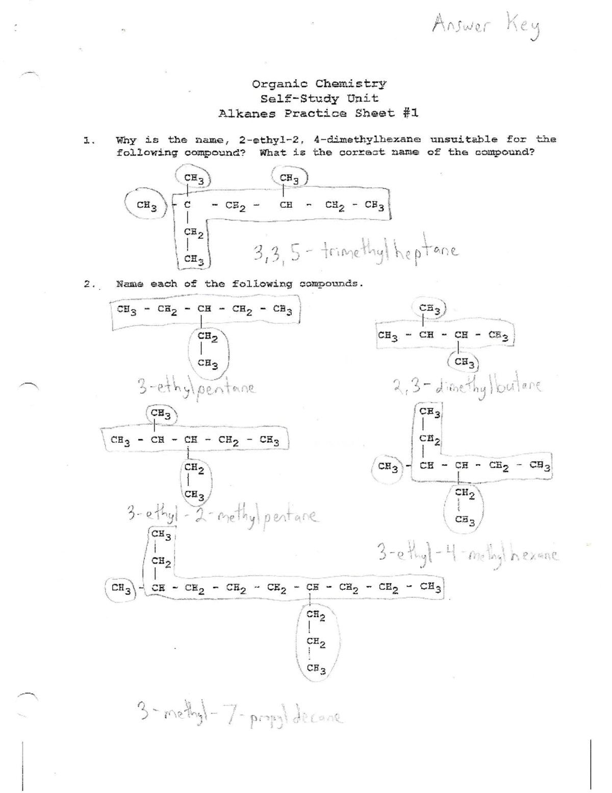 Alkane worksheet - Answer Key - CHEM 2P21 - Studocu