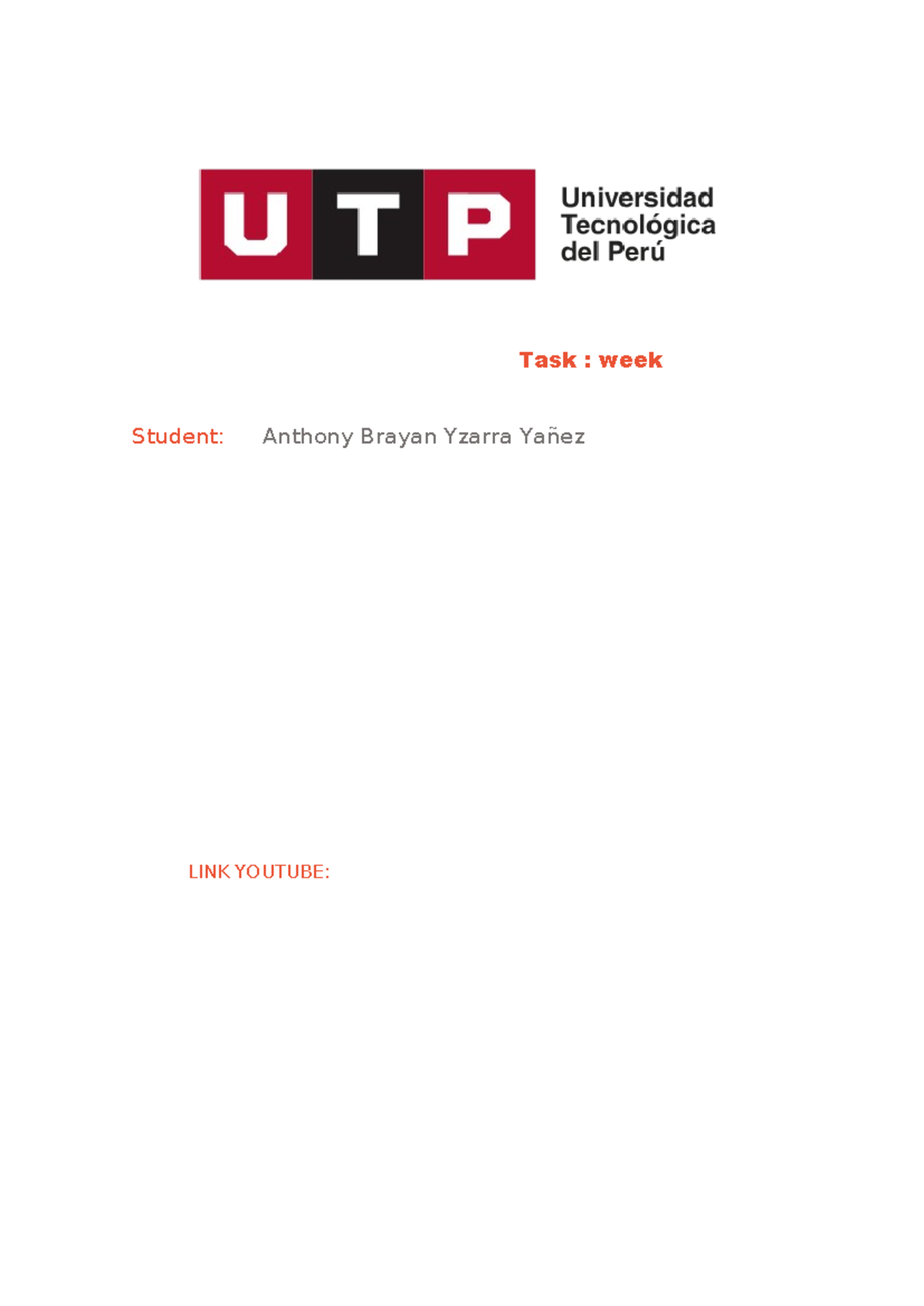 ingles caratula utp - Ingles I - Task : week Student: Anthony Brayan ...