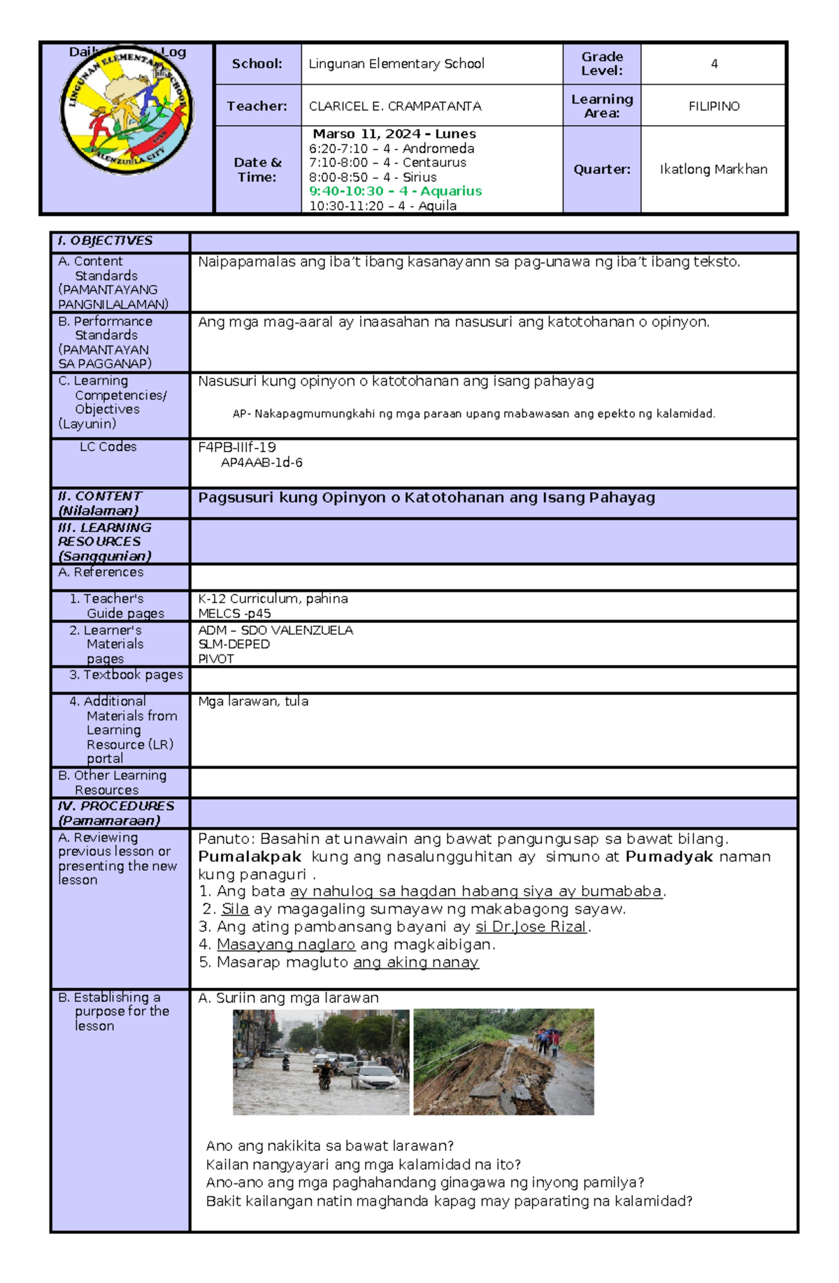 Q3- Filipino-March-11-CO-3 - I. OBJECTIVES A. Content Standards ...