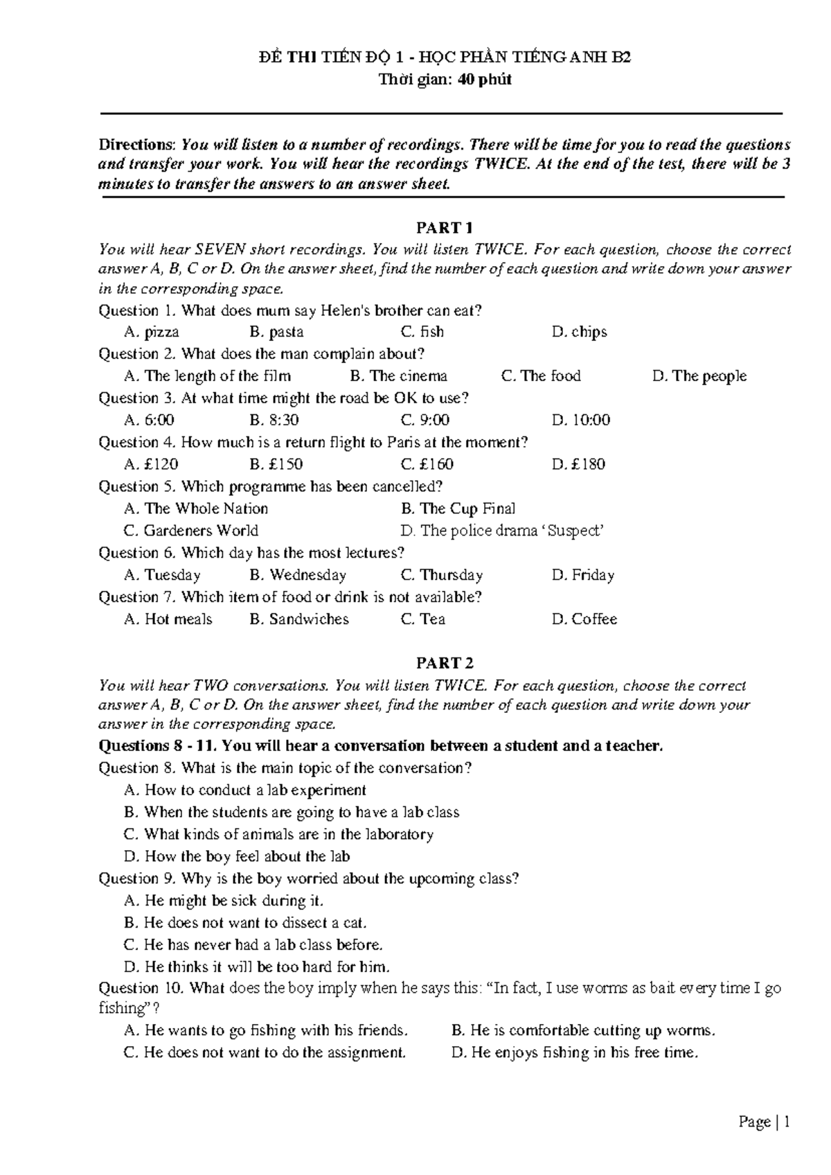 B2 PT1 Listening Mock test (2024) ĐỀ THI TIẾN ĐỘ 1 HỌC PHẦN TIẾNG