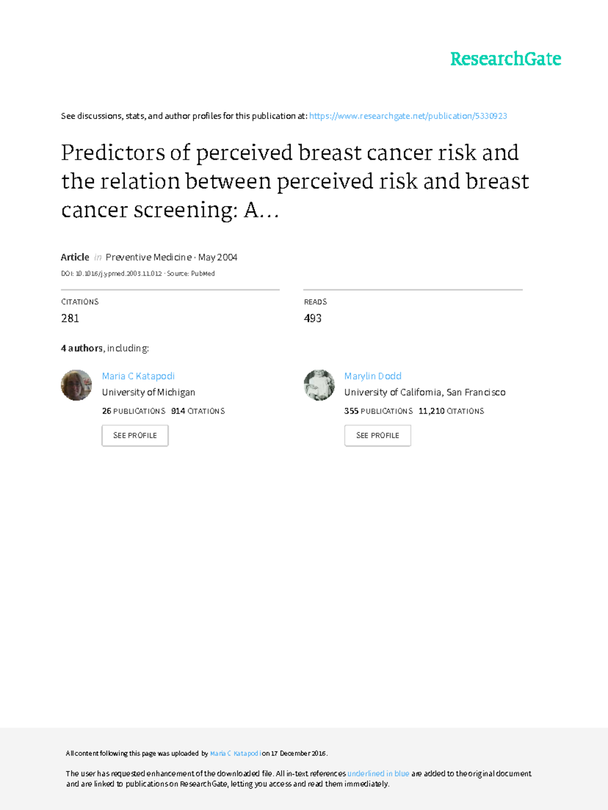 Predictors Of Perceived Breast Cancer Ri - See Discussions, Stats, And ...