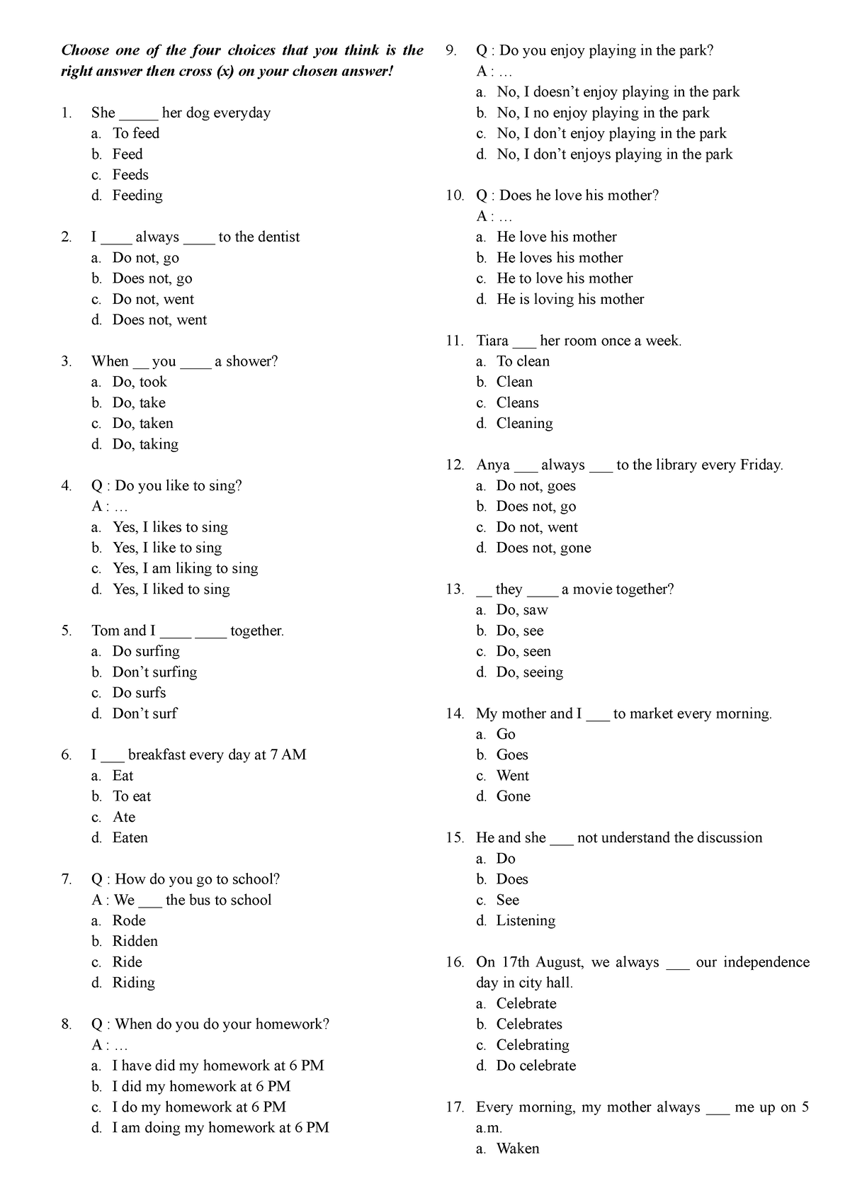 Latihan Soal Present Tense - Choose one of the four choices that you ...