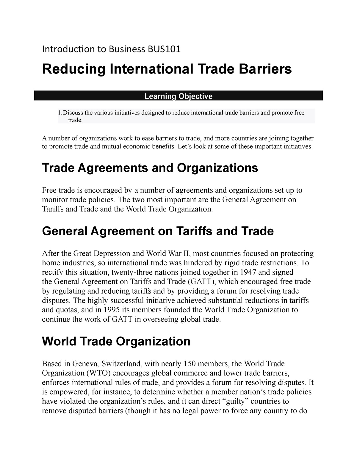 Introduction To Business BUS101 Reducing International Trade Barriers ...